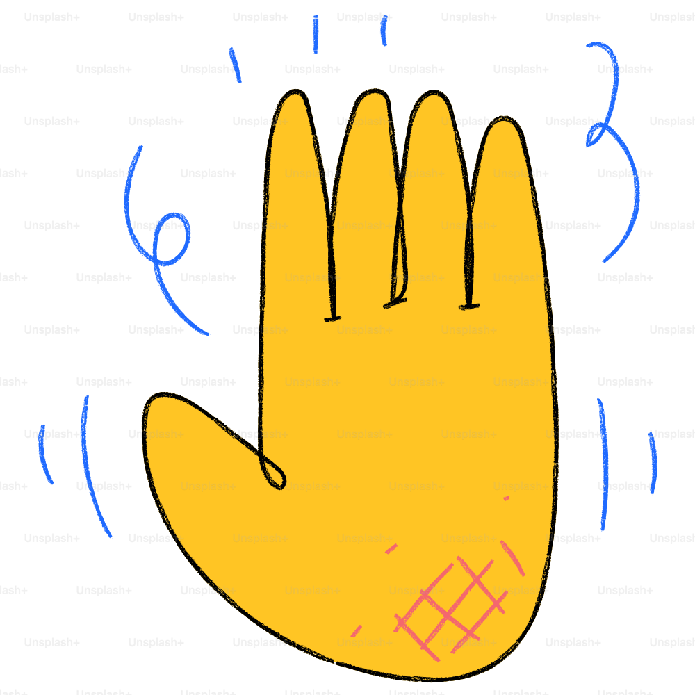 A drawing of a yellow hand with blue lines on it
