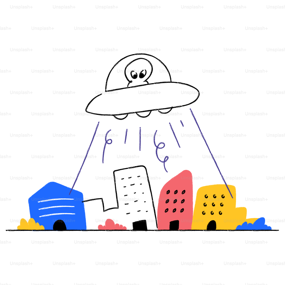 Un dibujo de una ciudad con un gran objeto en el centro