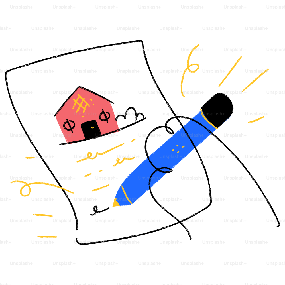 A drawing of a pen and a paper with a house on it