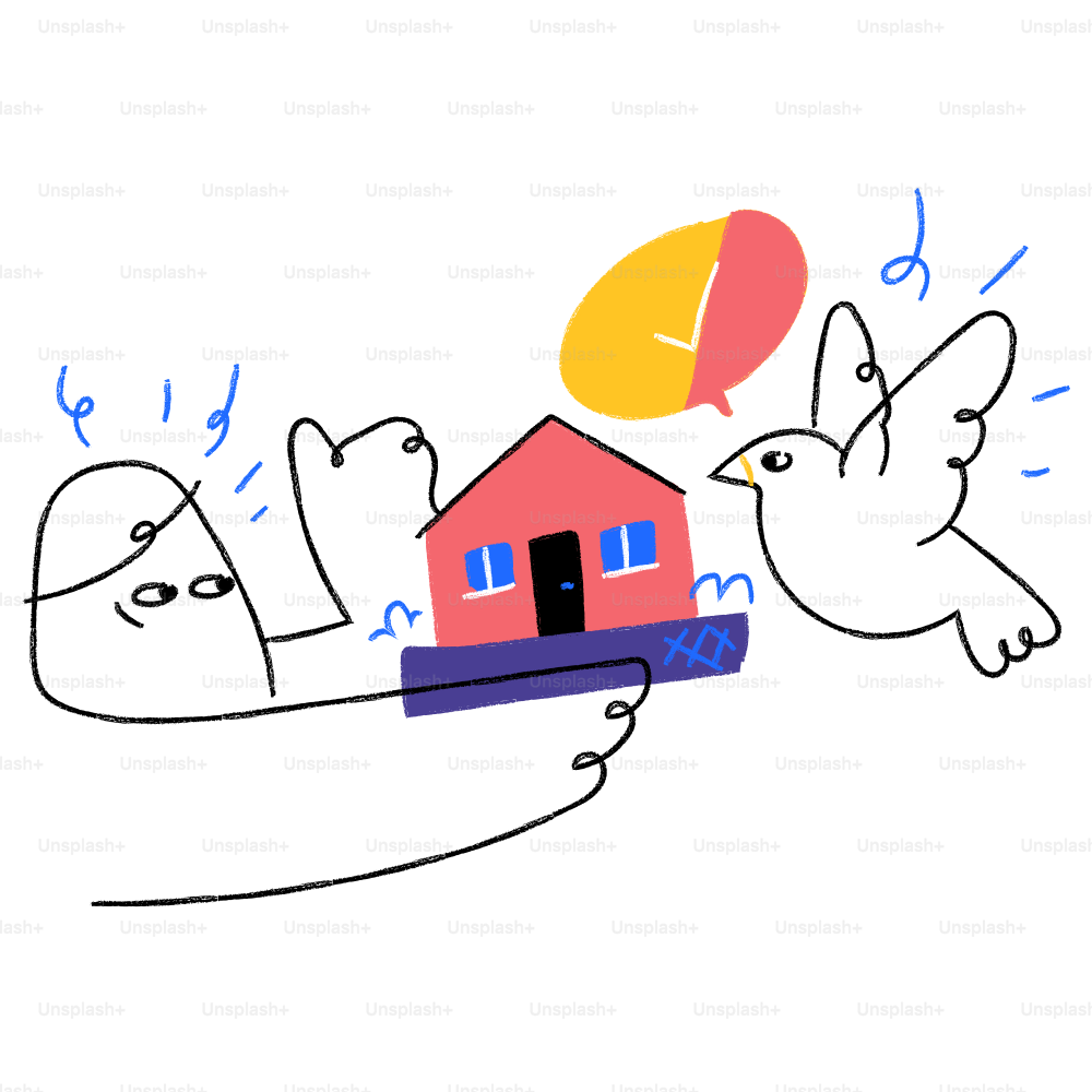 A drawing of a house and a bird with a speech bubble