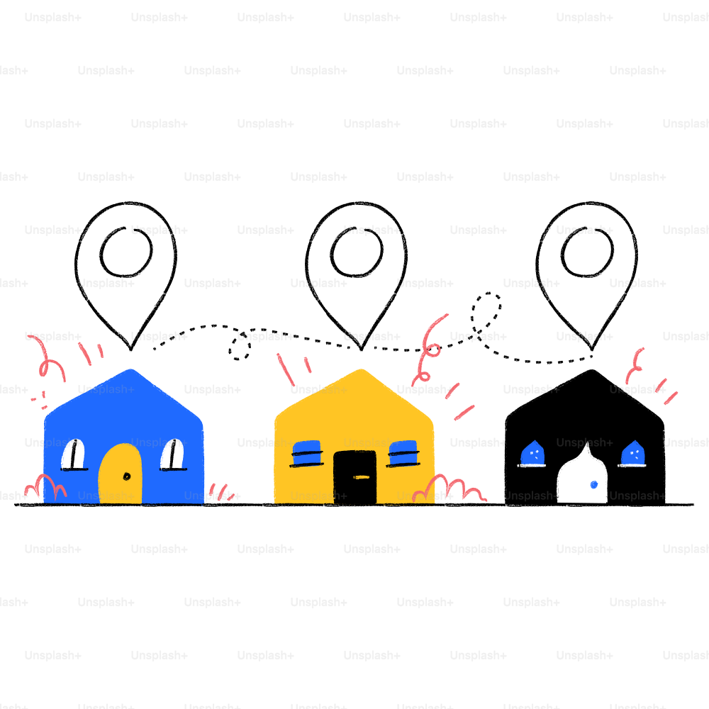 Uma fileira de casas com um marcador apontando para diferentes locais