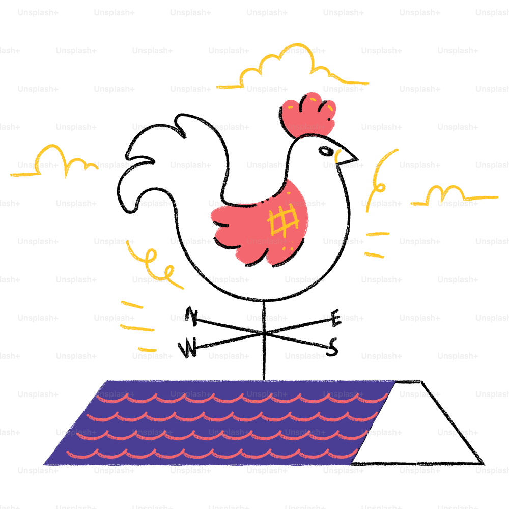 A chicken standing on top of a roof
