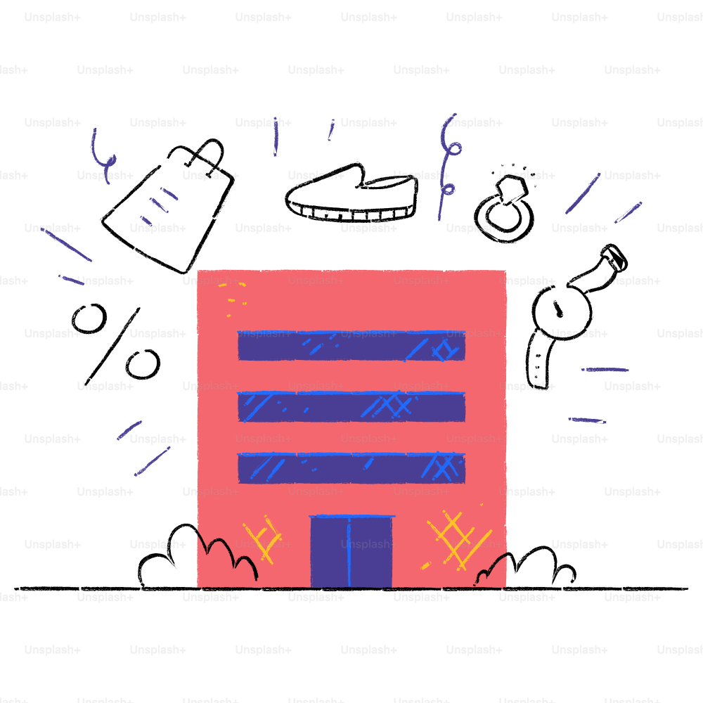 A drawing of a pink building with a blue door