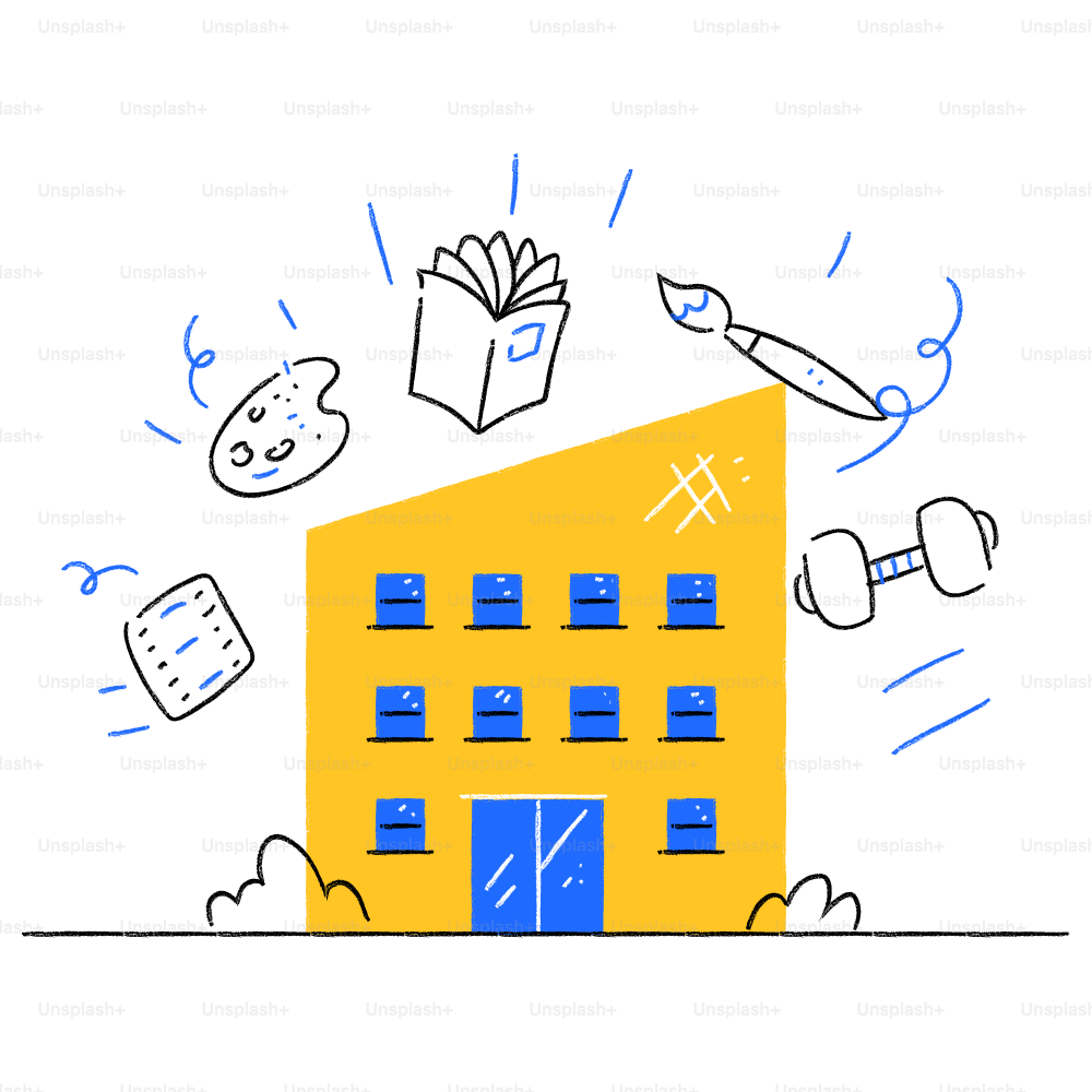 A drawing of a yellow building with a blue door