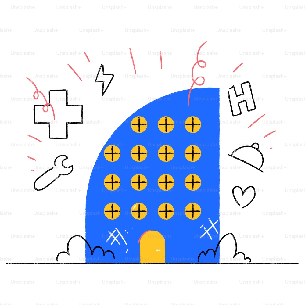 A drawing of a blue building with a yellow door