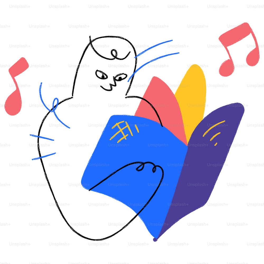 A drawing of a cat reading a book