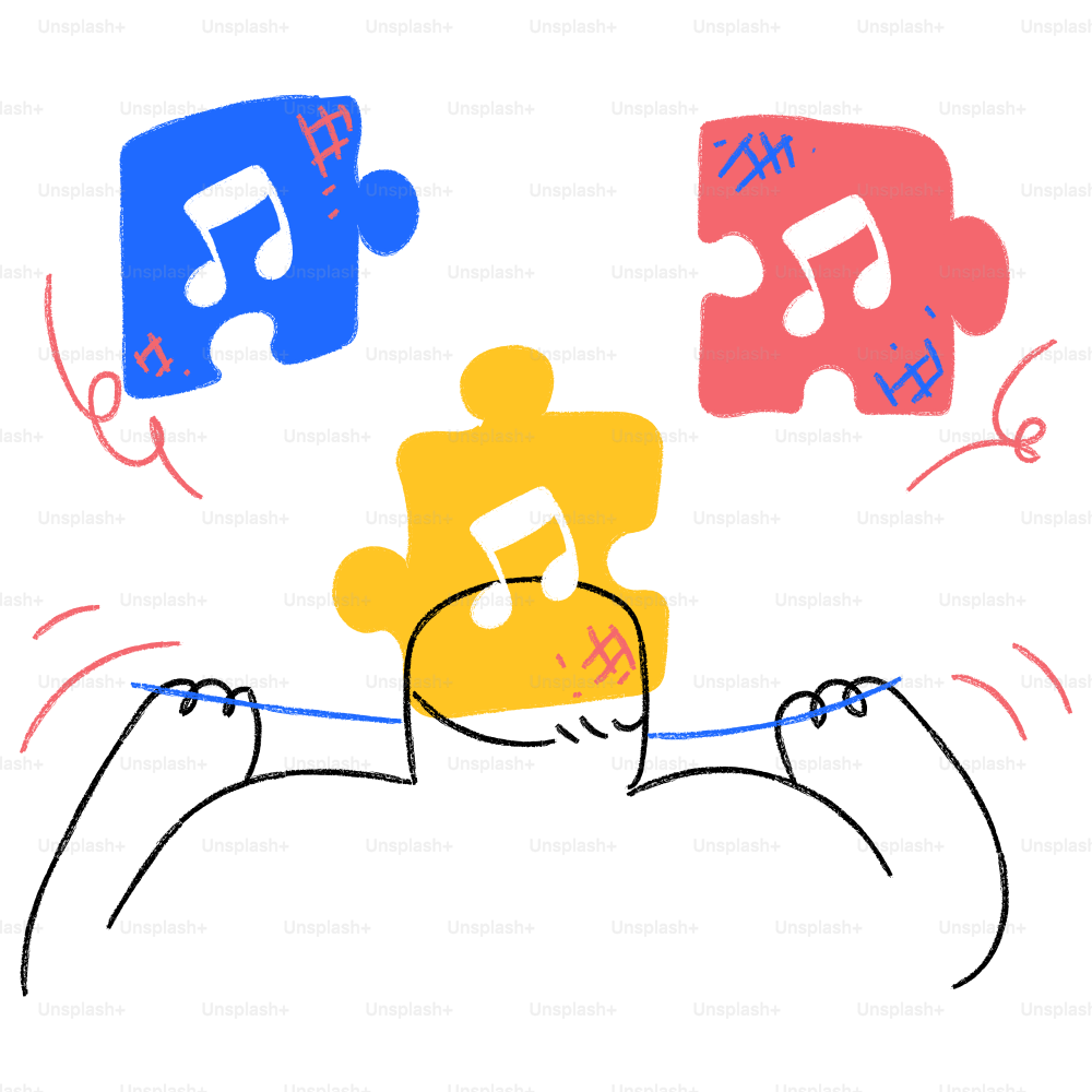 A person holding a puzzle piece with music notes coming out of it