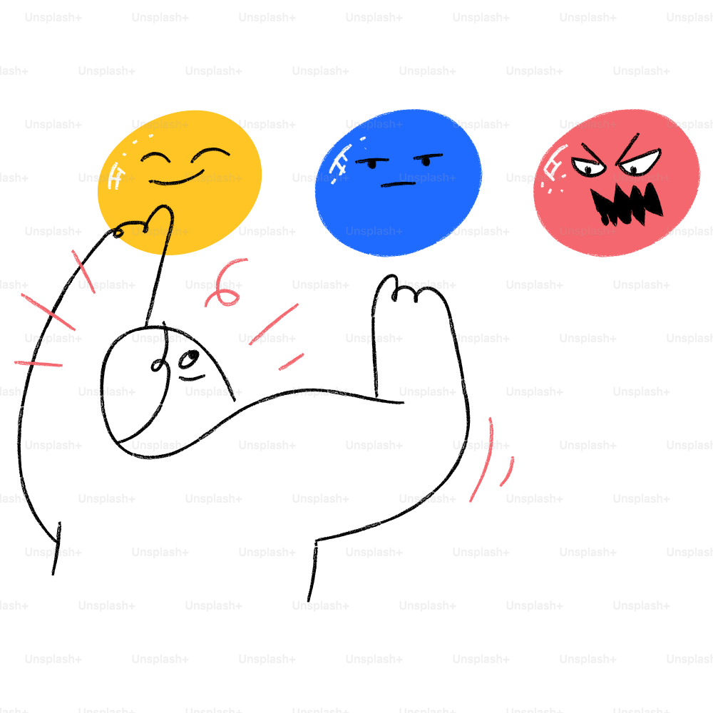 A drawing of a man holding three balls with faces drawn on them