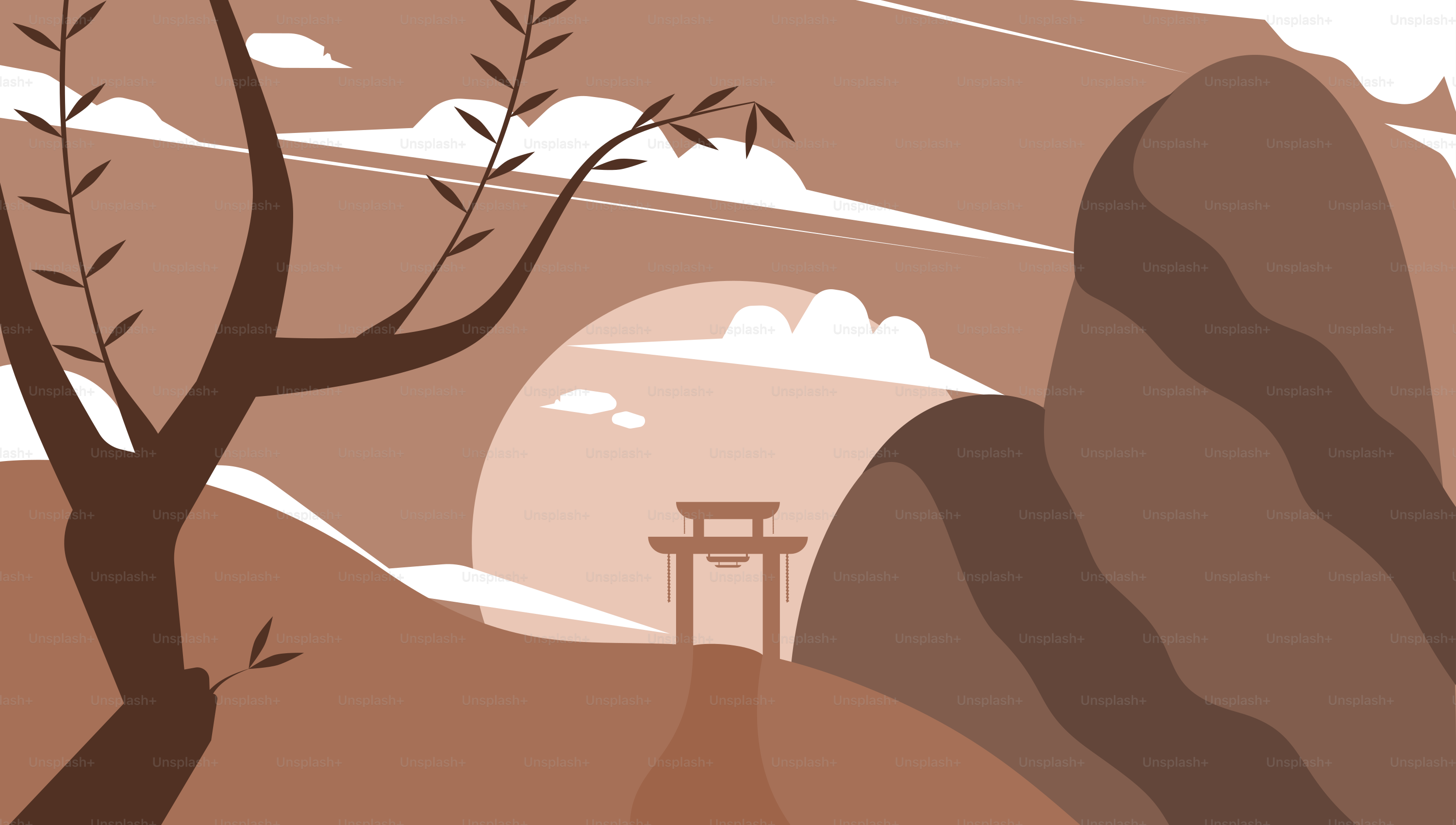 A painting of a mountain with a tree in the foreground