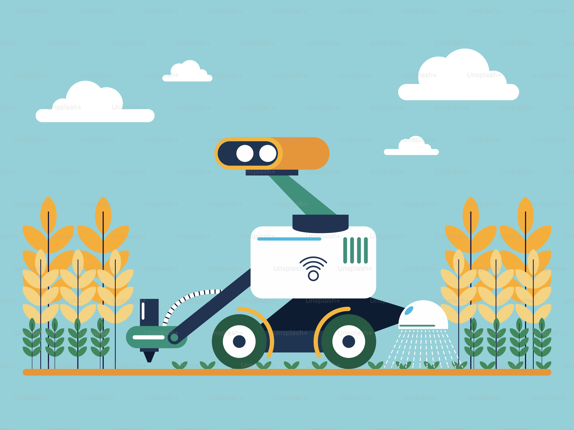A robot that is in the middle of a field