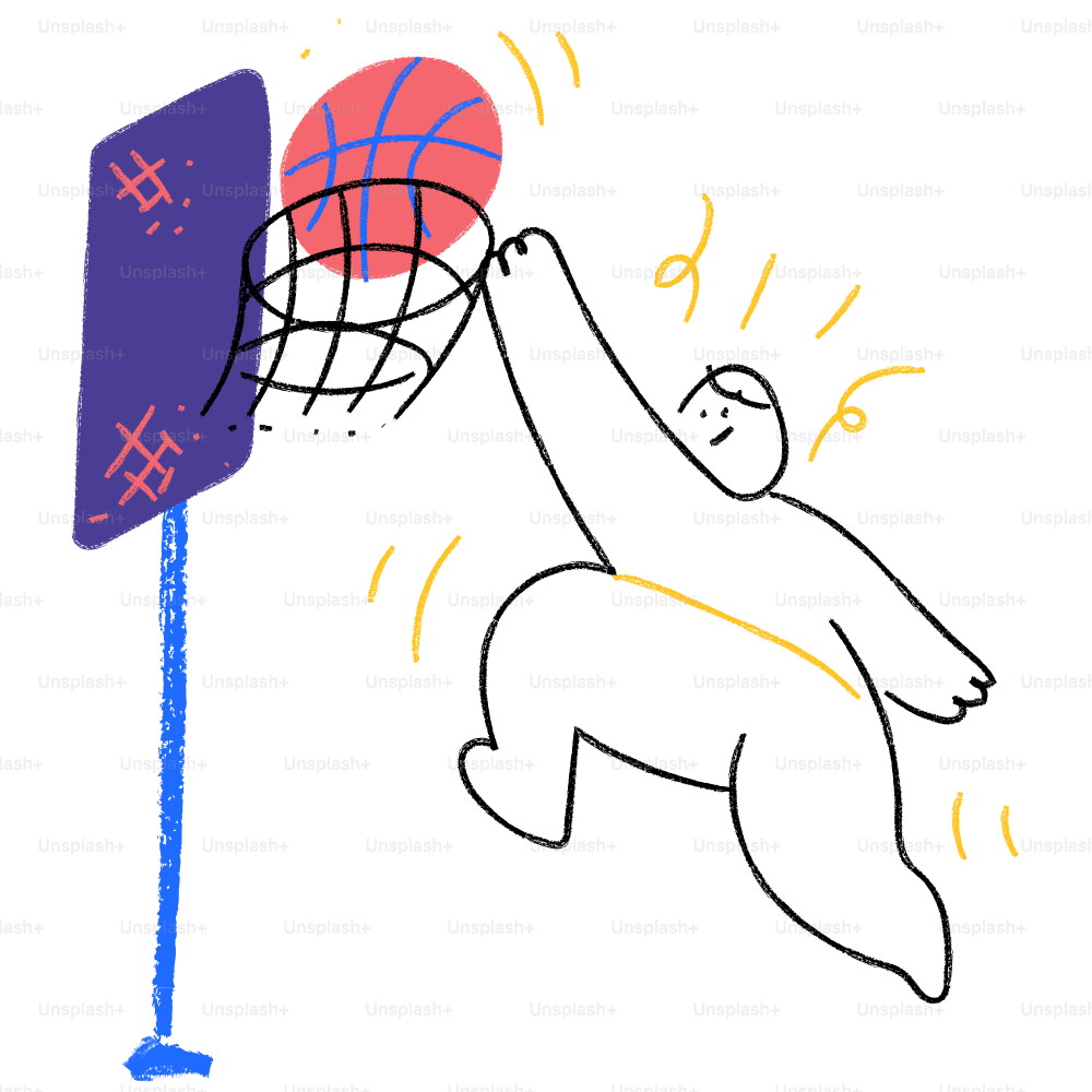 Eine Zeichnung einer Person, die einen Basketball über ein Netz hält