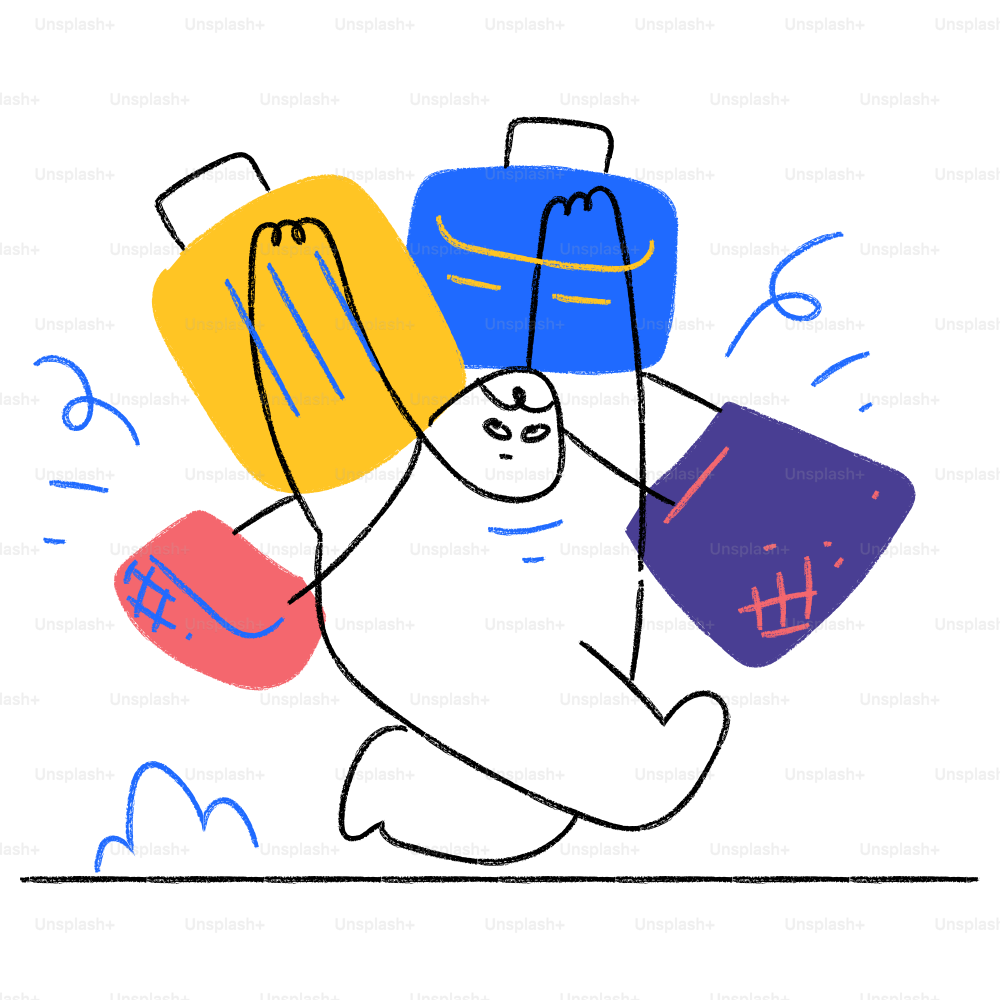 Um desenho de um homem carregando duas malas