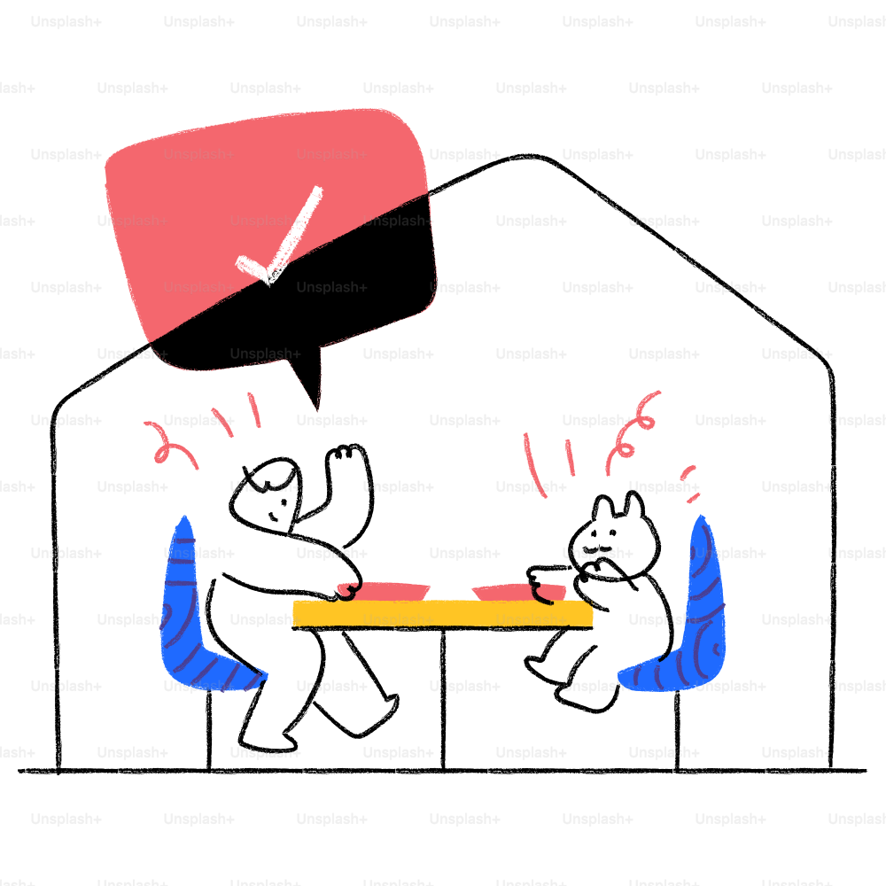 Un dessin d’une personne assise à une table avec un chien