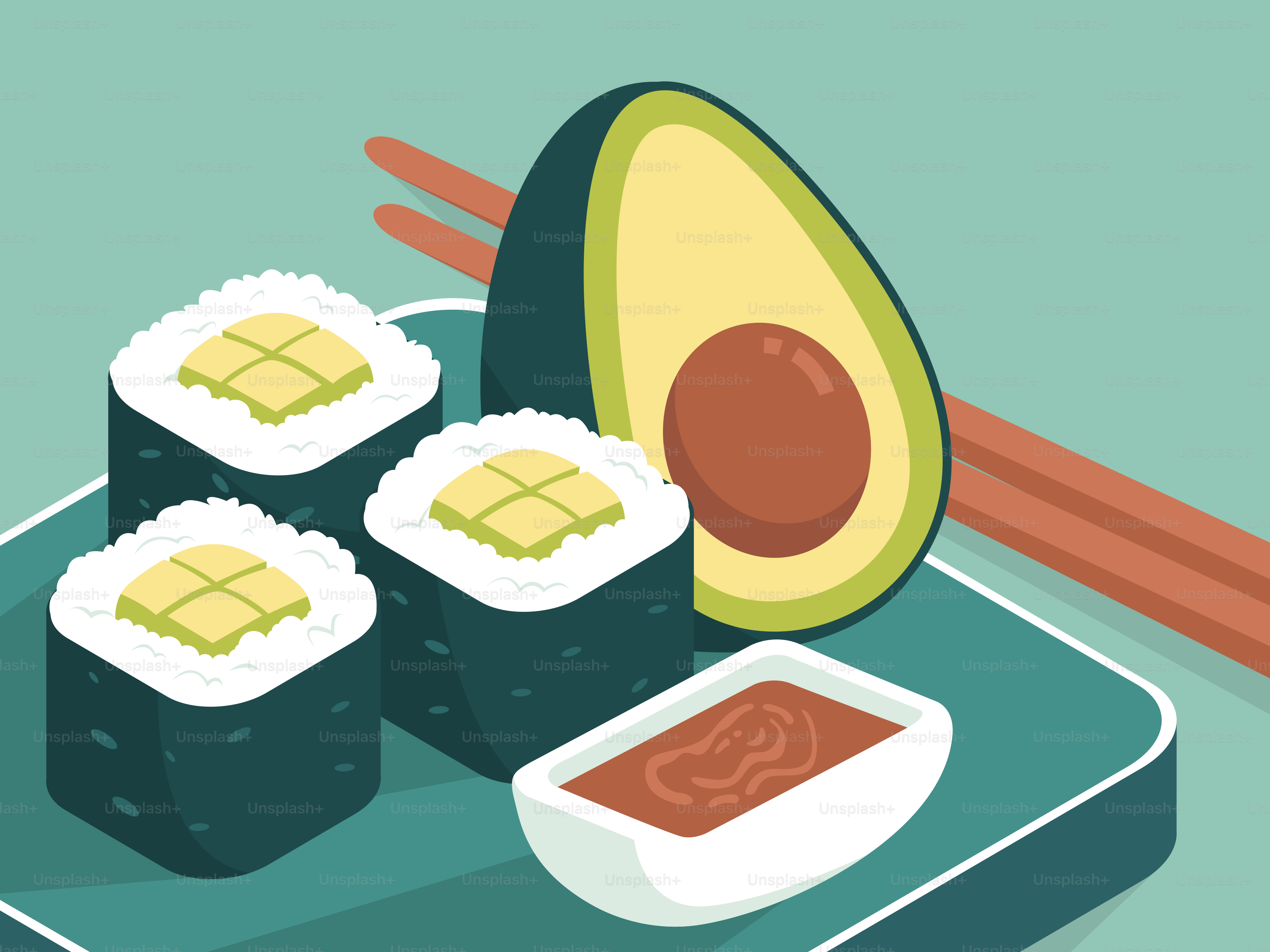 A sushi dish with avocado, sauce and chopsticks