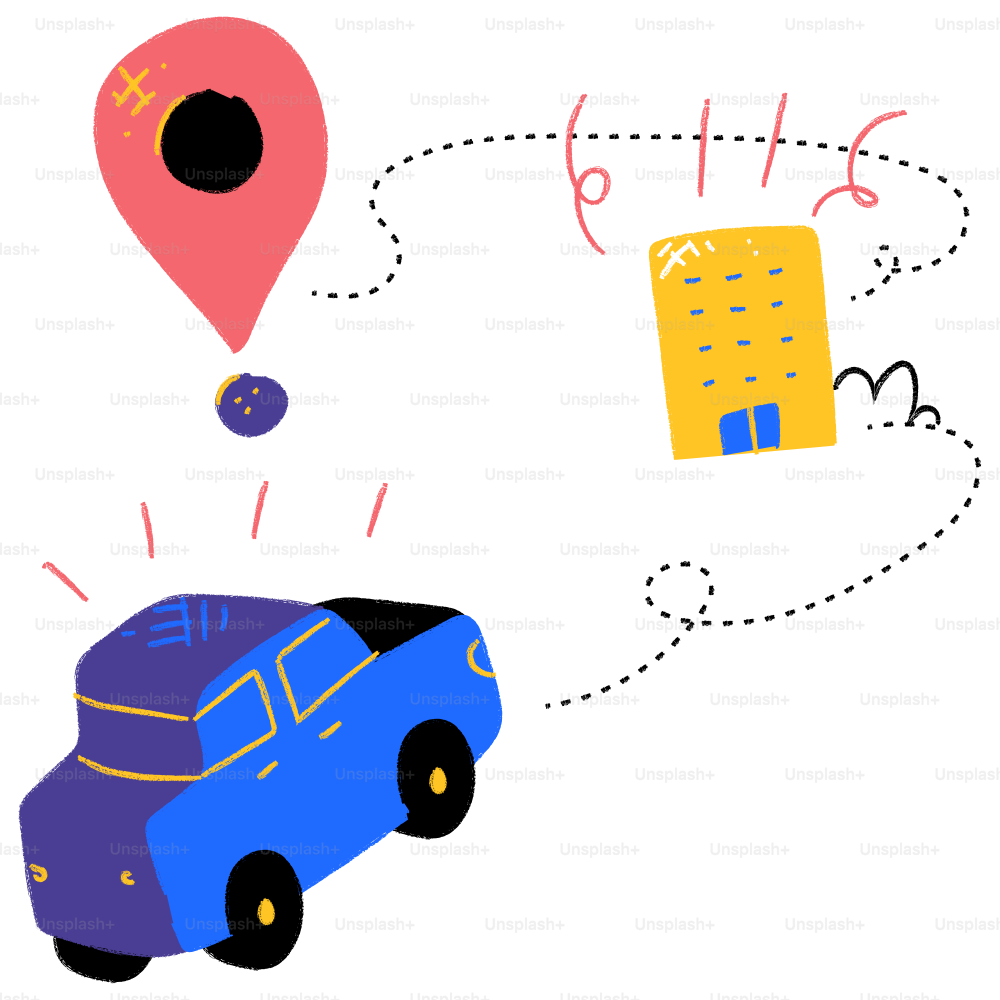 A blue car driving down a street next to a map