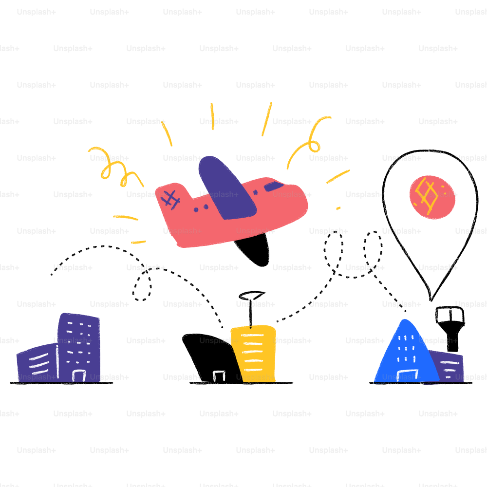 A drawing of a plane flying over a city