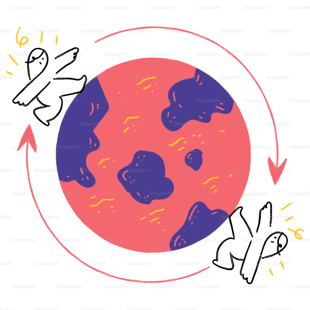 A drawing of a red and blue planet
