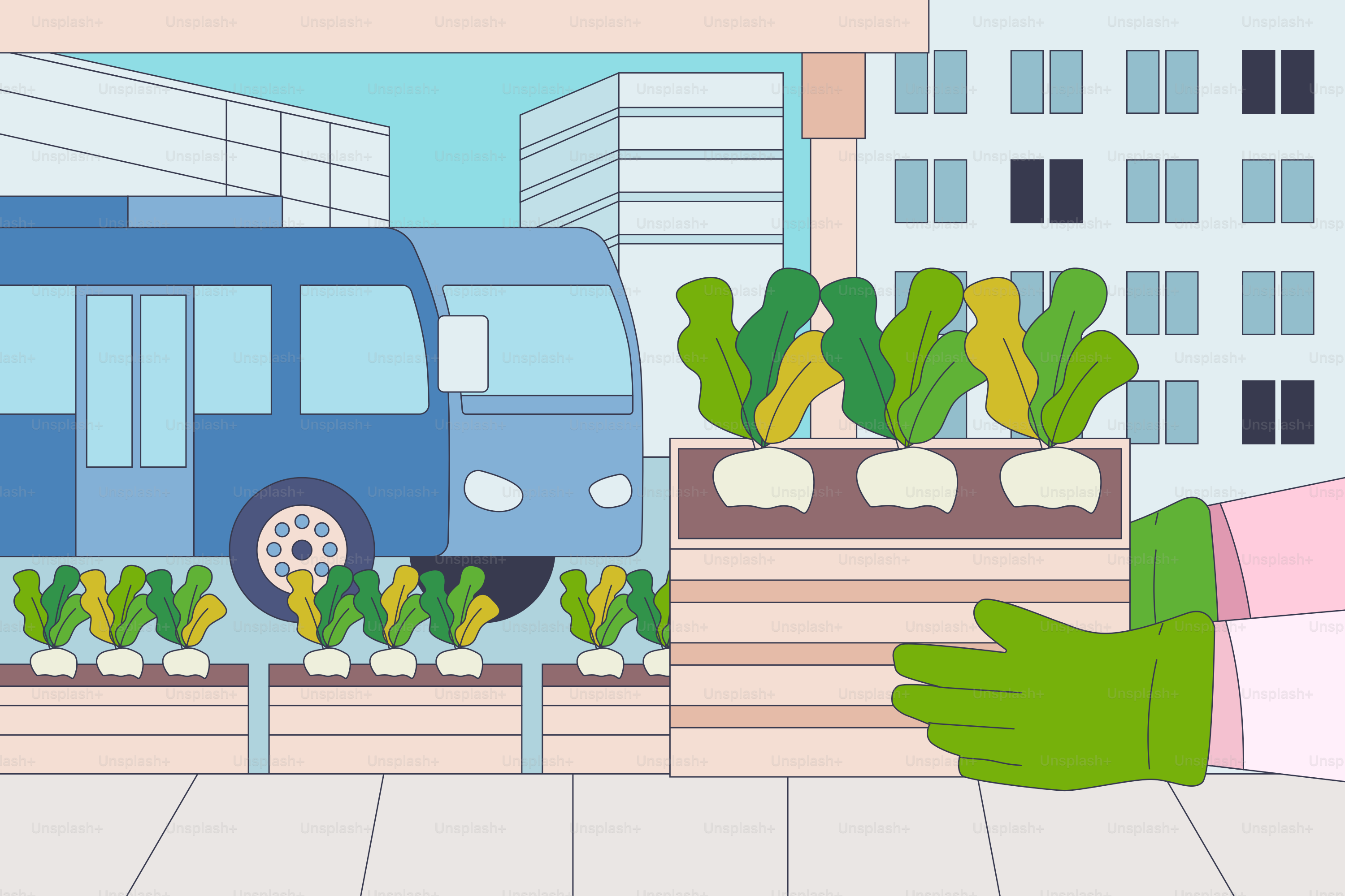 A hand is holding a planter in front of a bus
