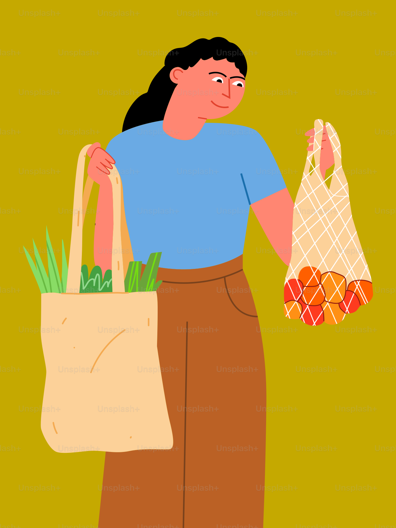 A woman carrying a bag full of grass