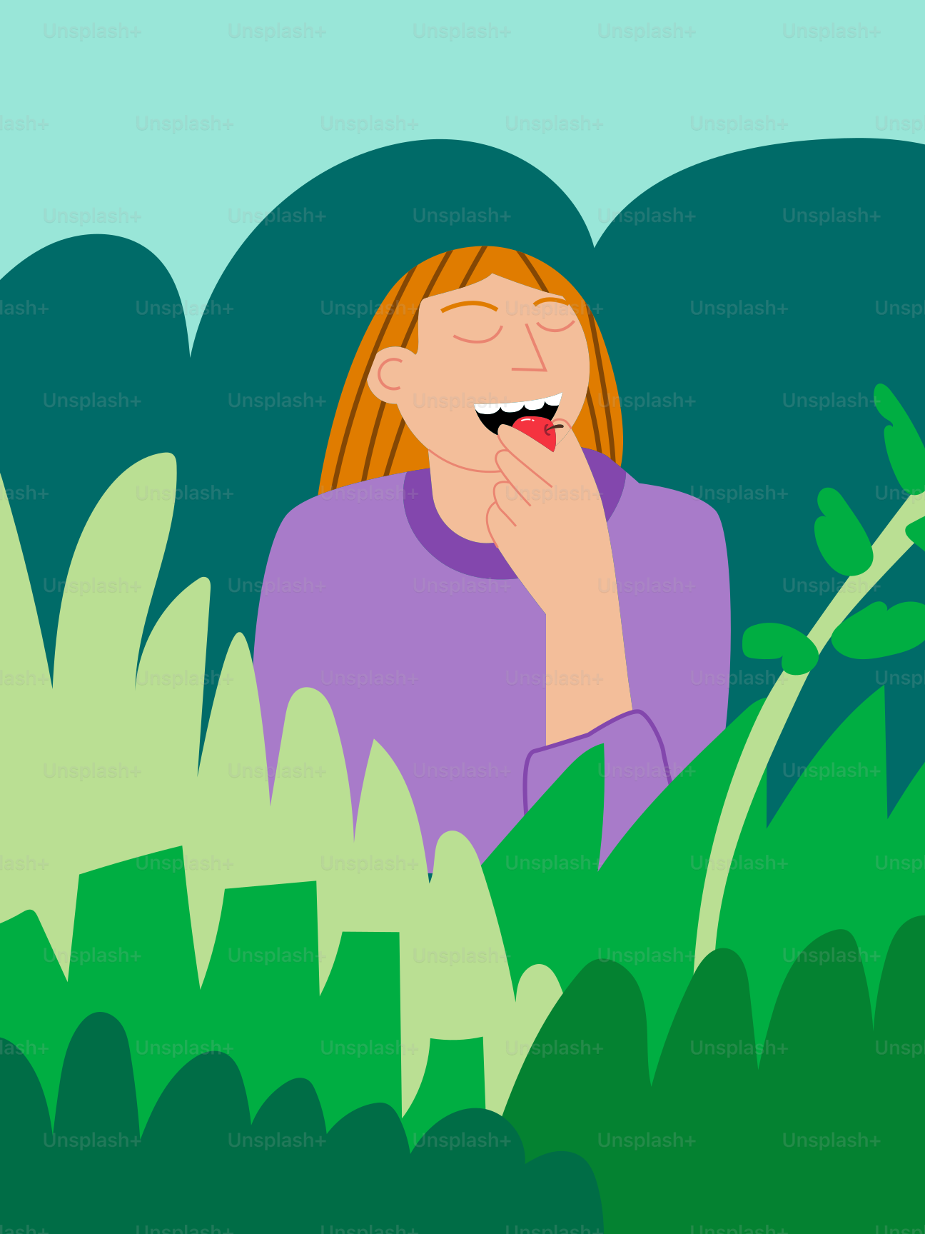 Una mujer está sentada en la hierba con la boca abierta