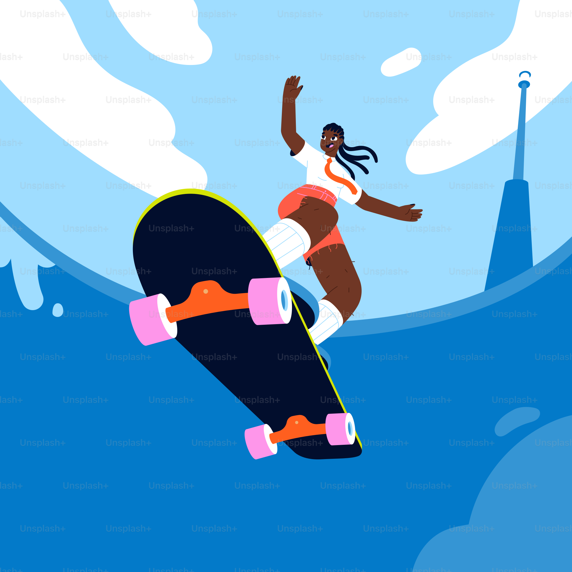 A woman riding a skateboard through the air