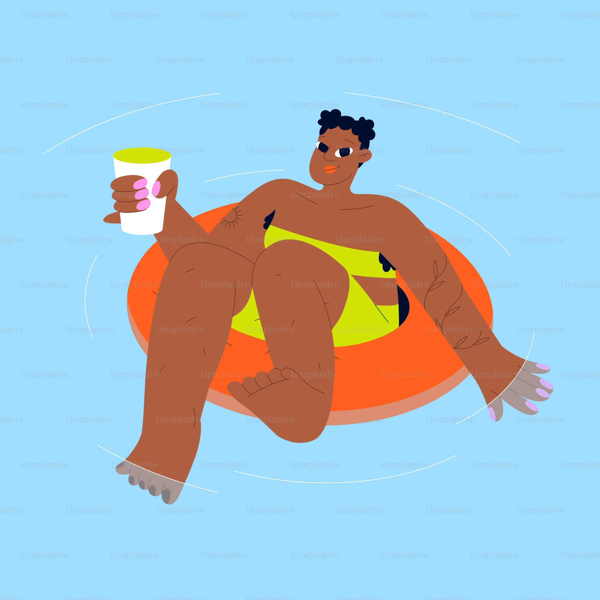 A man floating on an inflatable raft with a cup of coffee