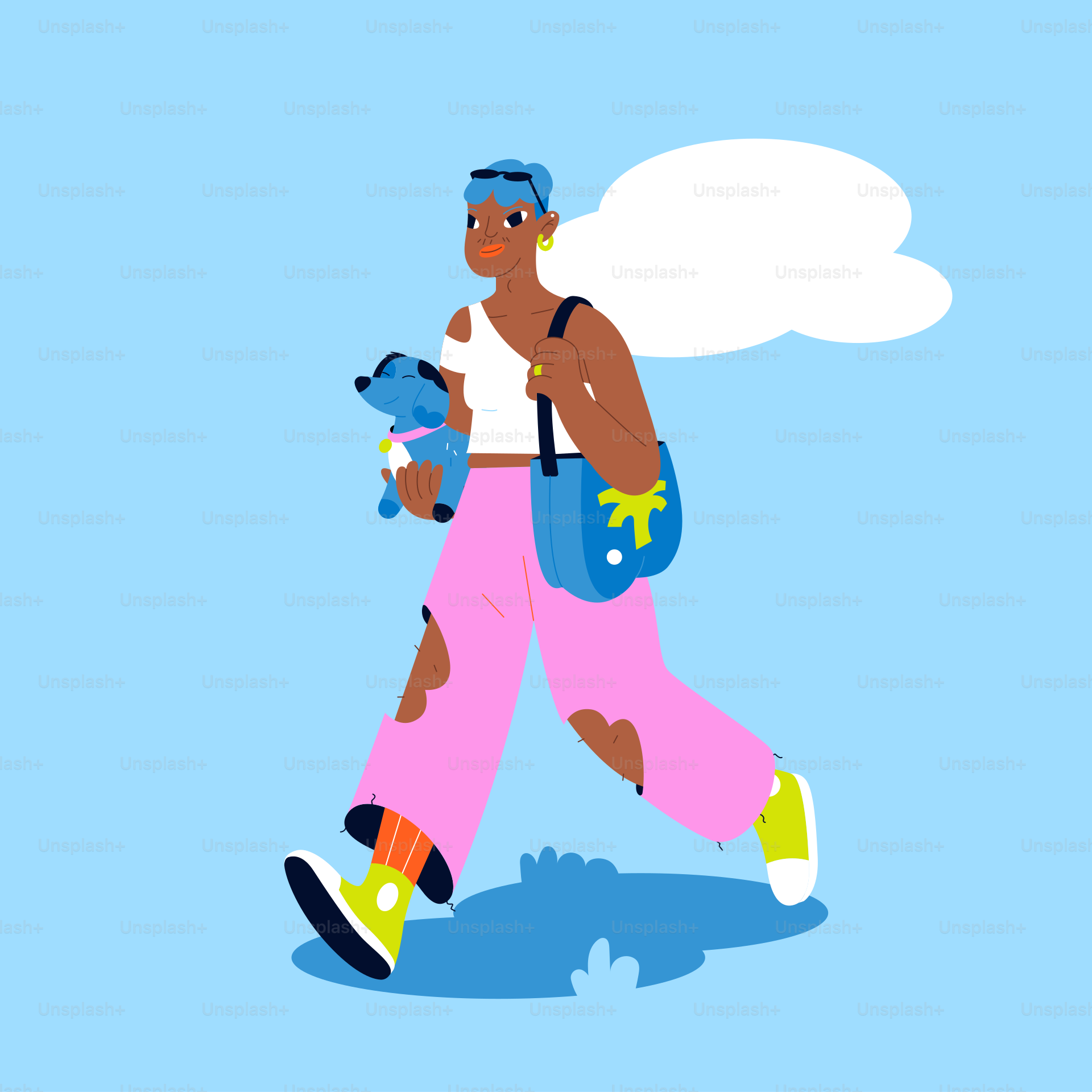 A man walking with a backpack and a teddy bear