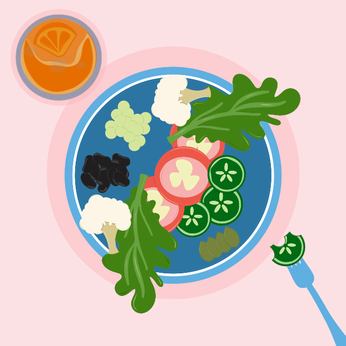 A plate of food on a pink background