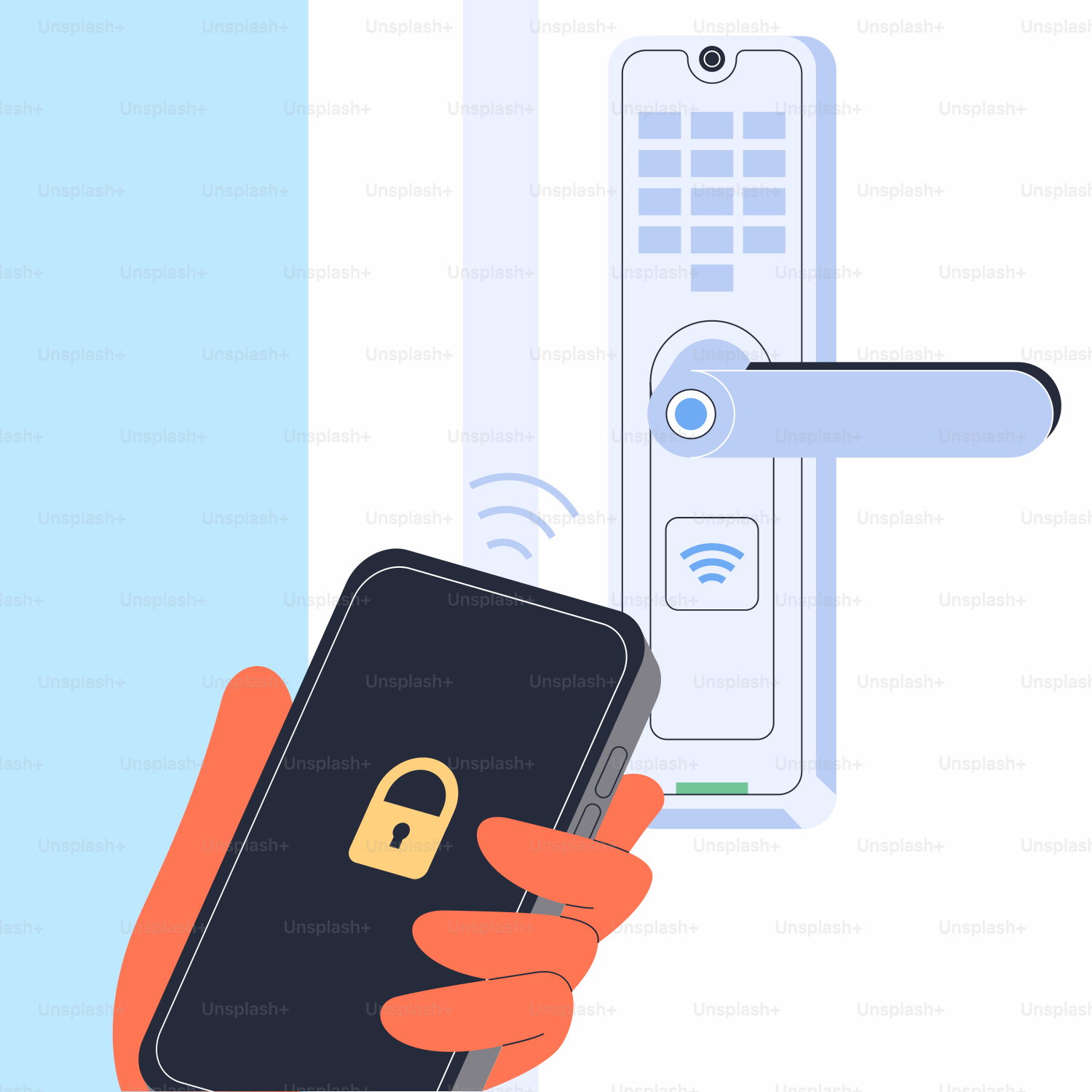 A hand holding a smart phone in front of a door lock