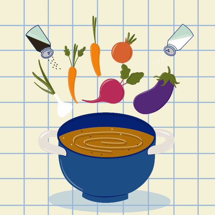 Eine Schüssel Suppe mit Karotten, Radieschen, Sellerie,