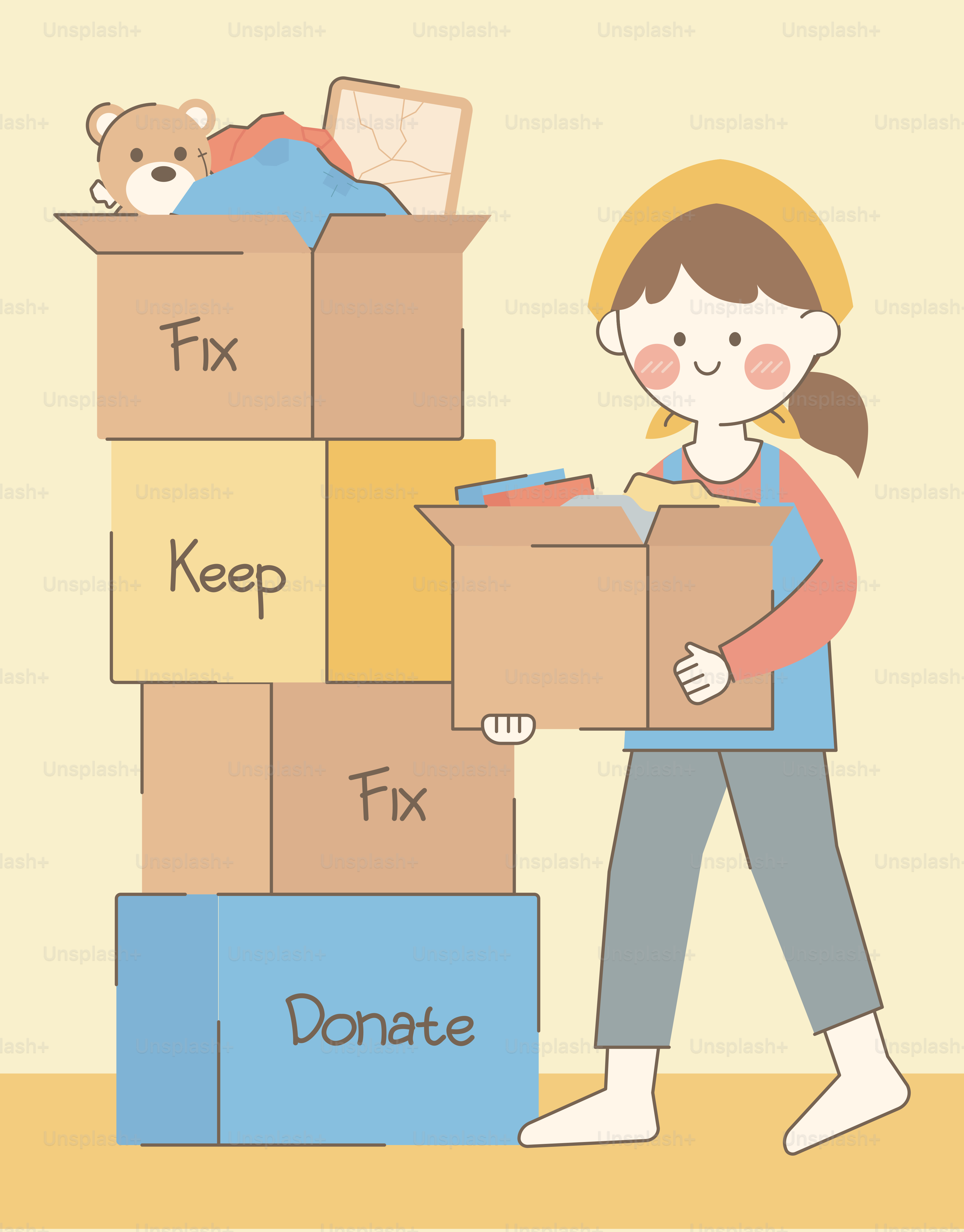 A woman carrying a box with a teddy bear on top of it