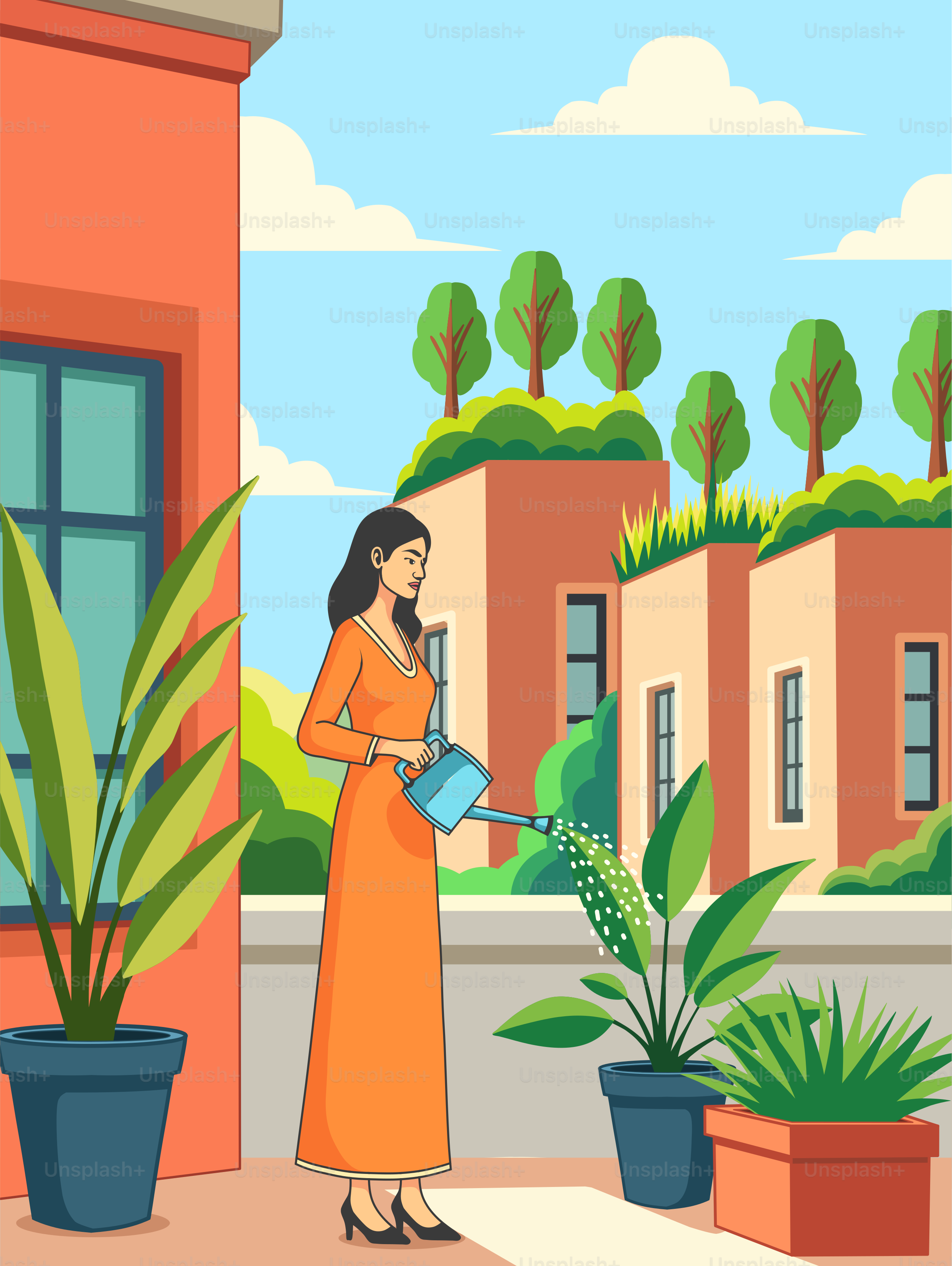 Eine Frau gießt ihre Pflanzen außerhalb eines Hauses