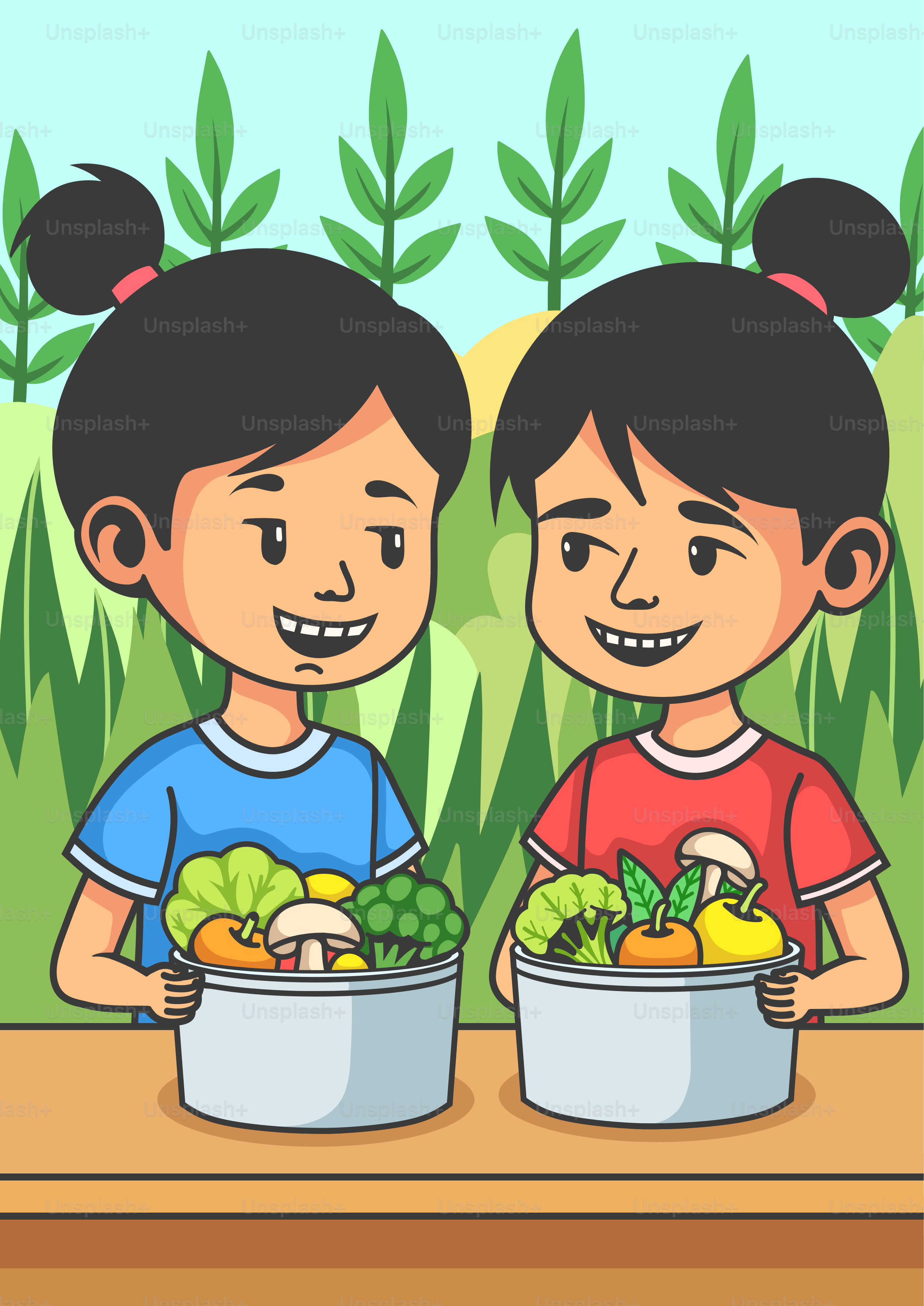 Ein paar Kinder, die nebeneinander stehen und Eimer voller Essen halten