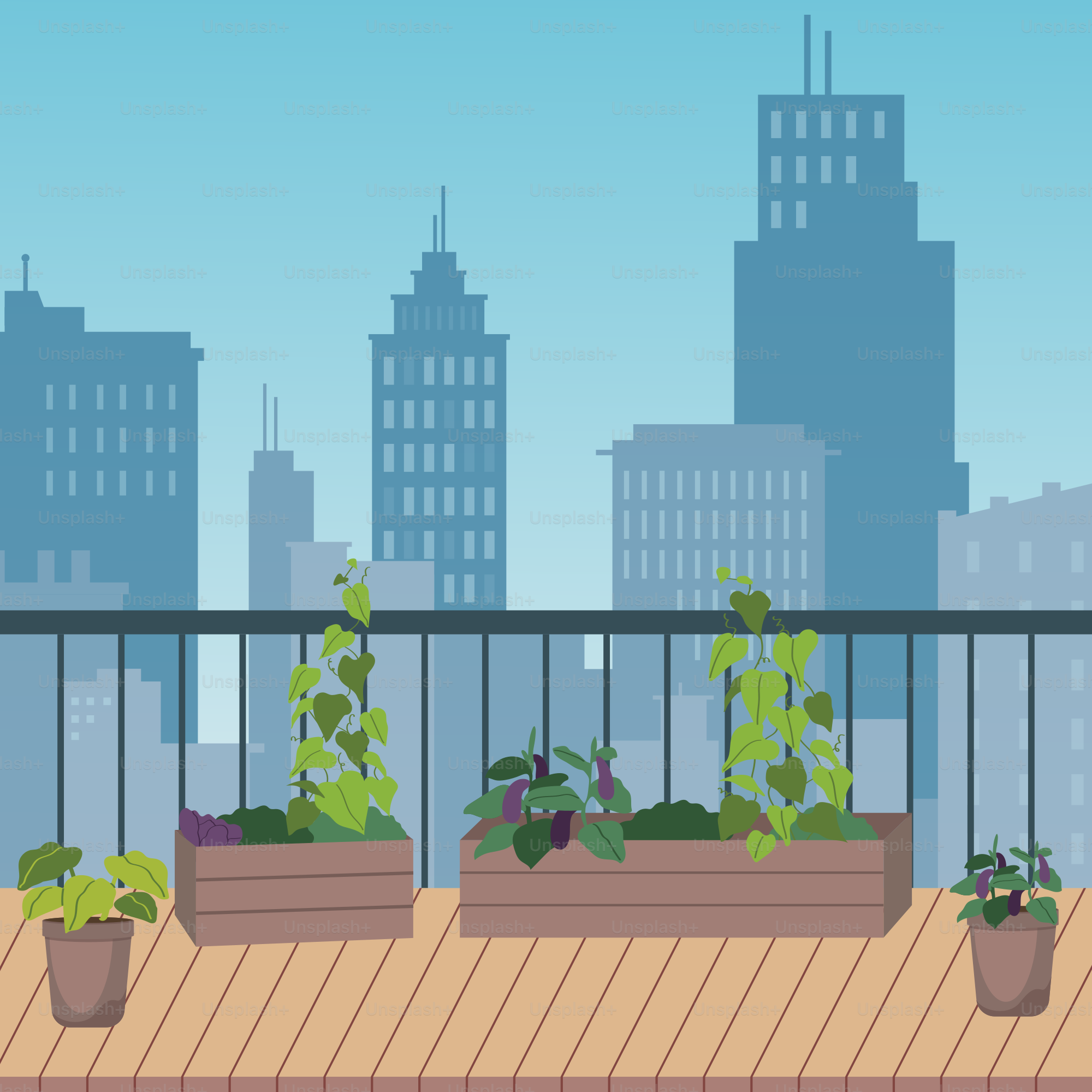 A balcony with potted plants and a view of a city