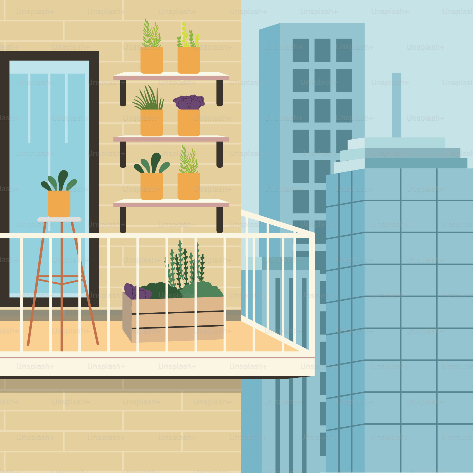 A balcony with potted plants and a table