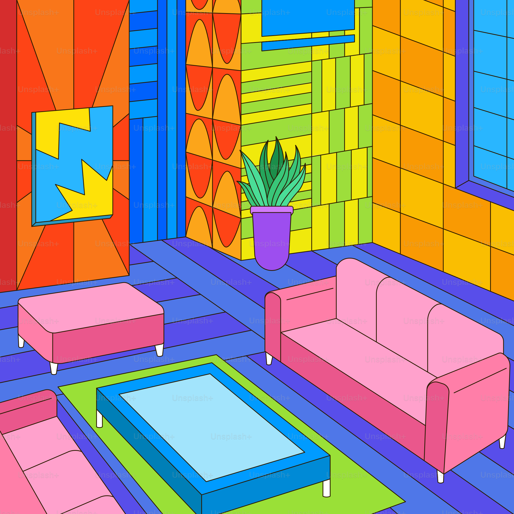 A living room with colorful walls and furniture