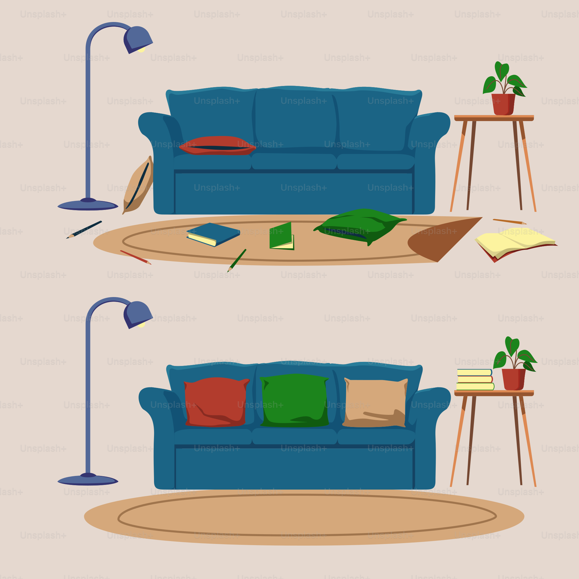 A living room with a blue couch and a coffee table