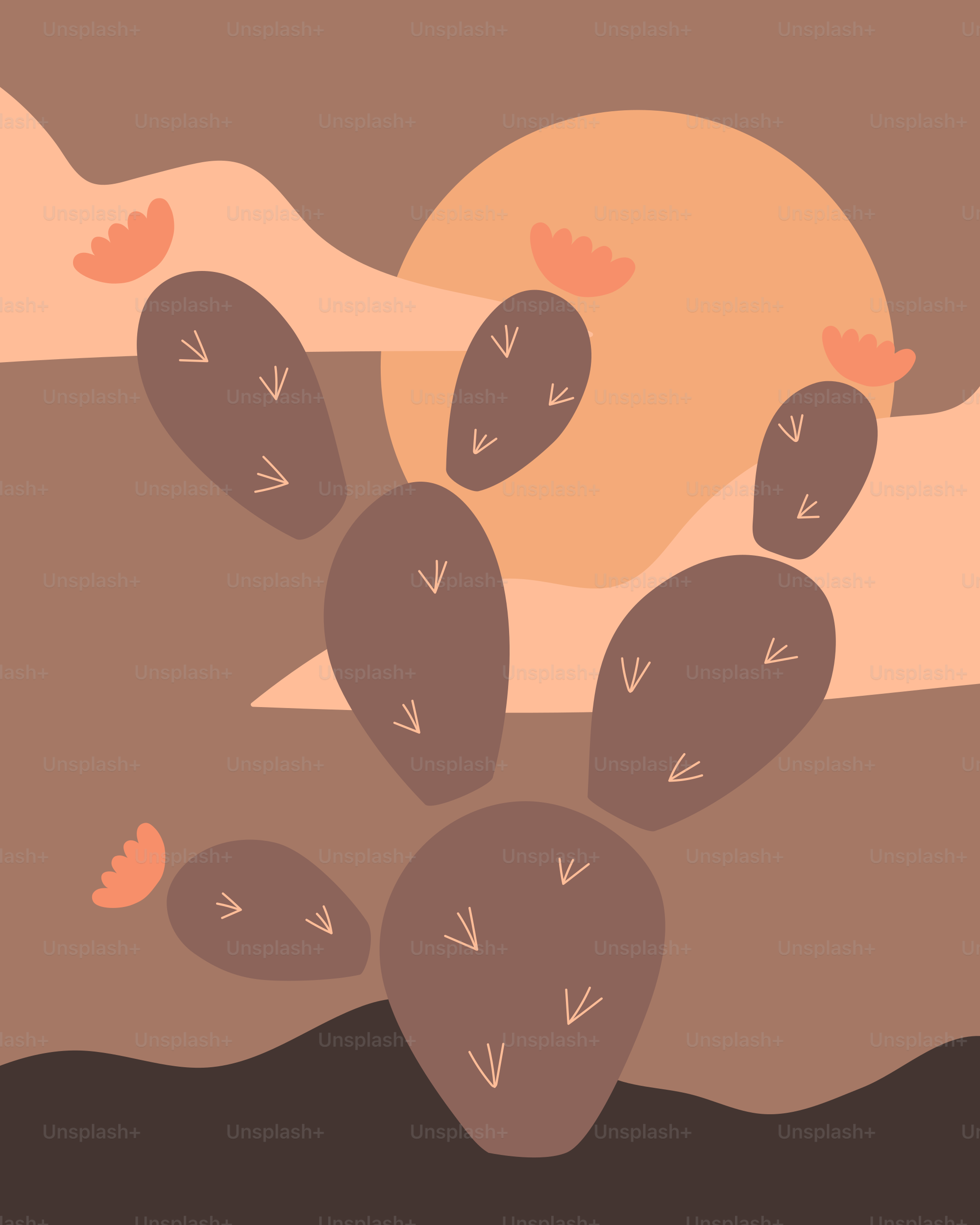 A desert scene with a cactus in the foreground