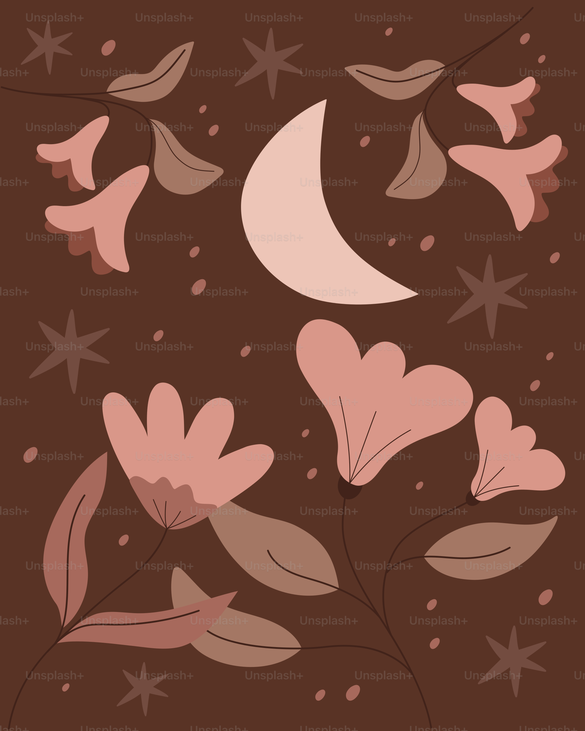 A brown background with pink flowers and a half moon