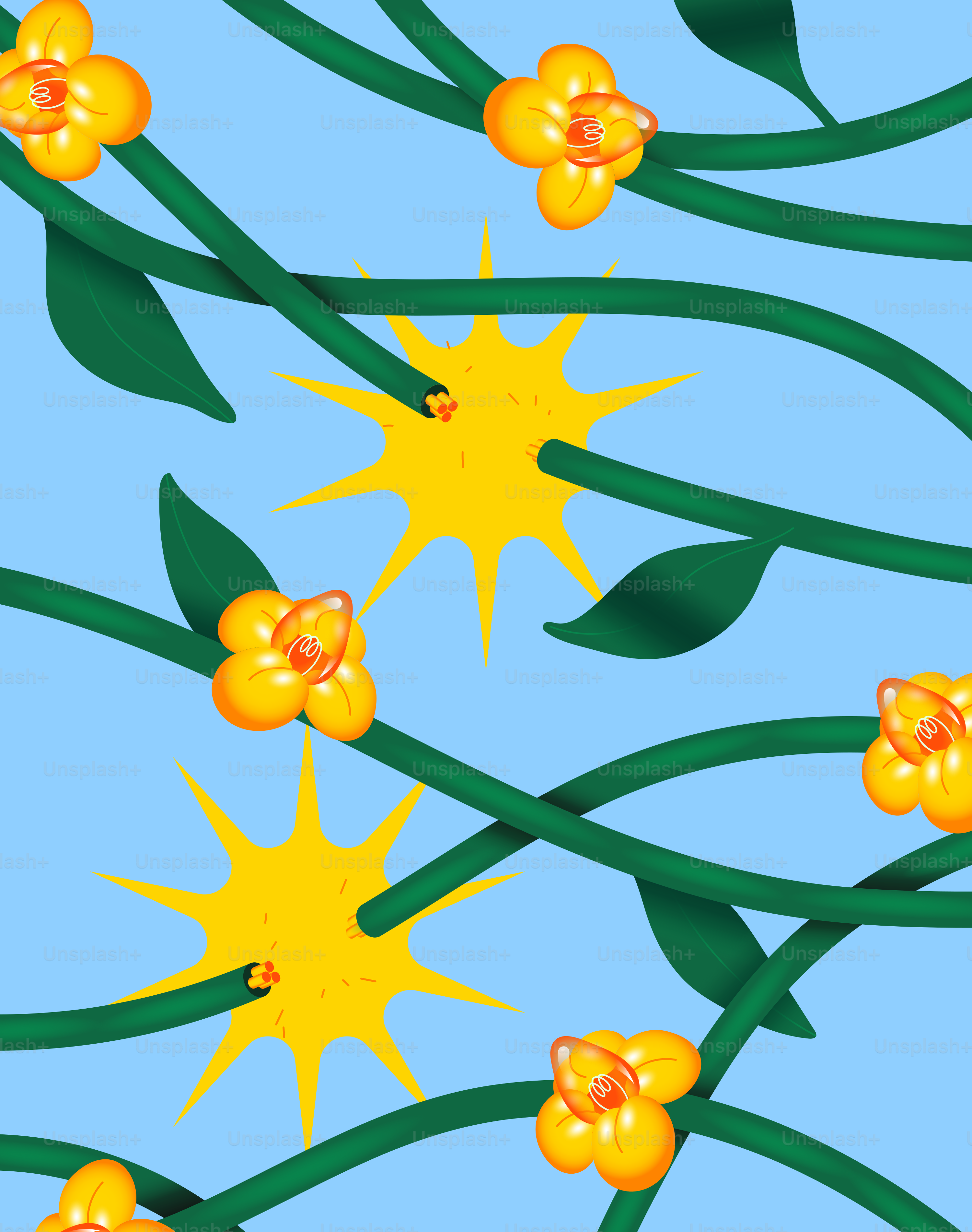 Un fond bleu avec des fleurs jaunes et des feuilles vertes