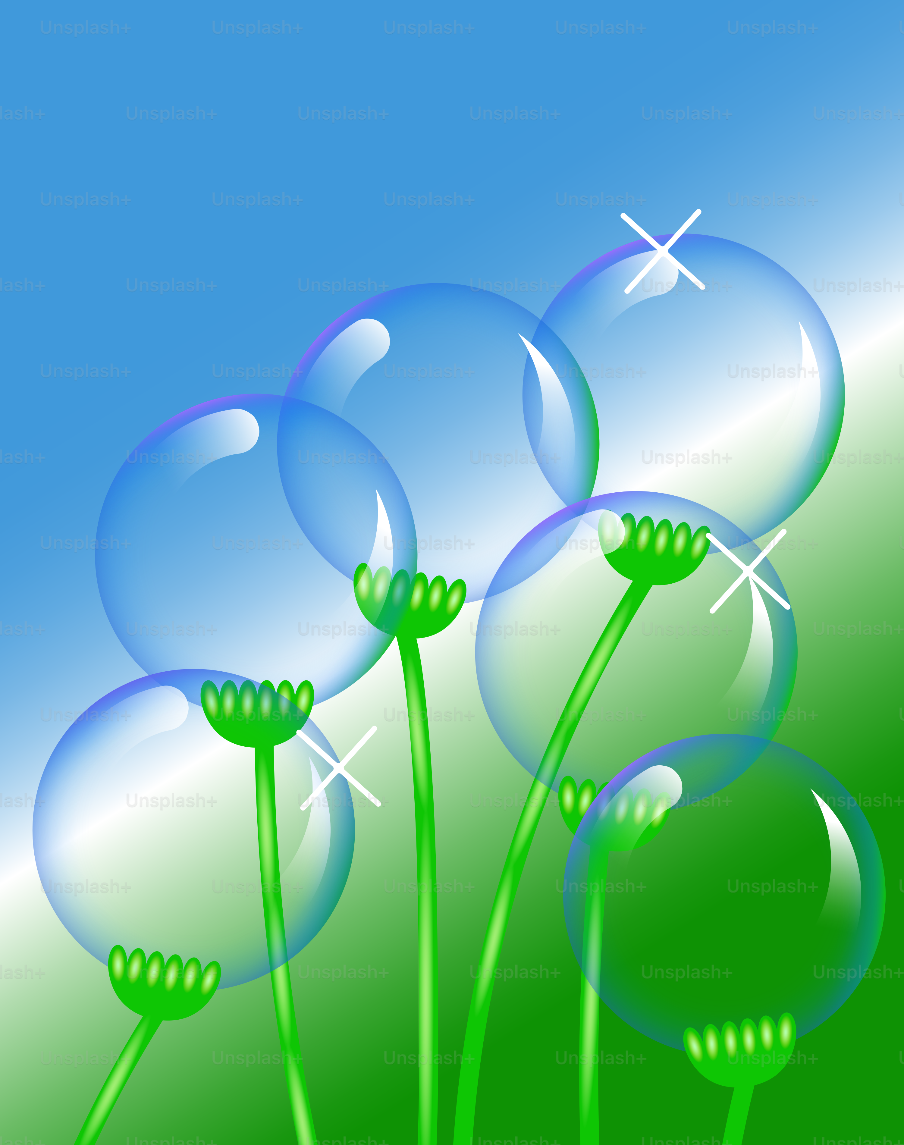 A bunch of bubbles floating on top of a green field