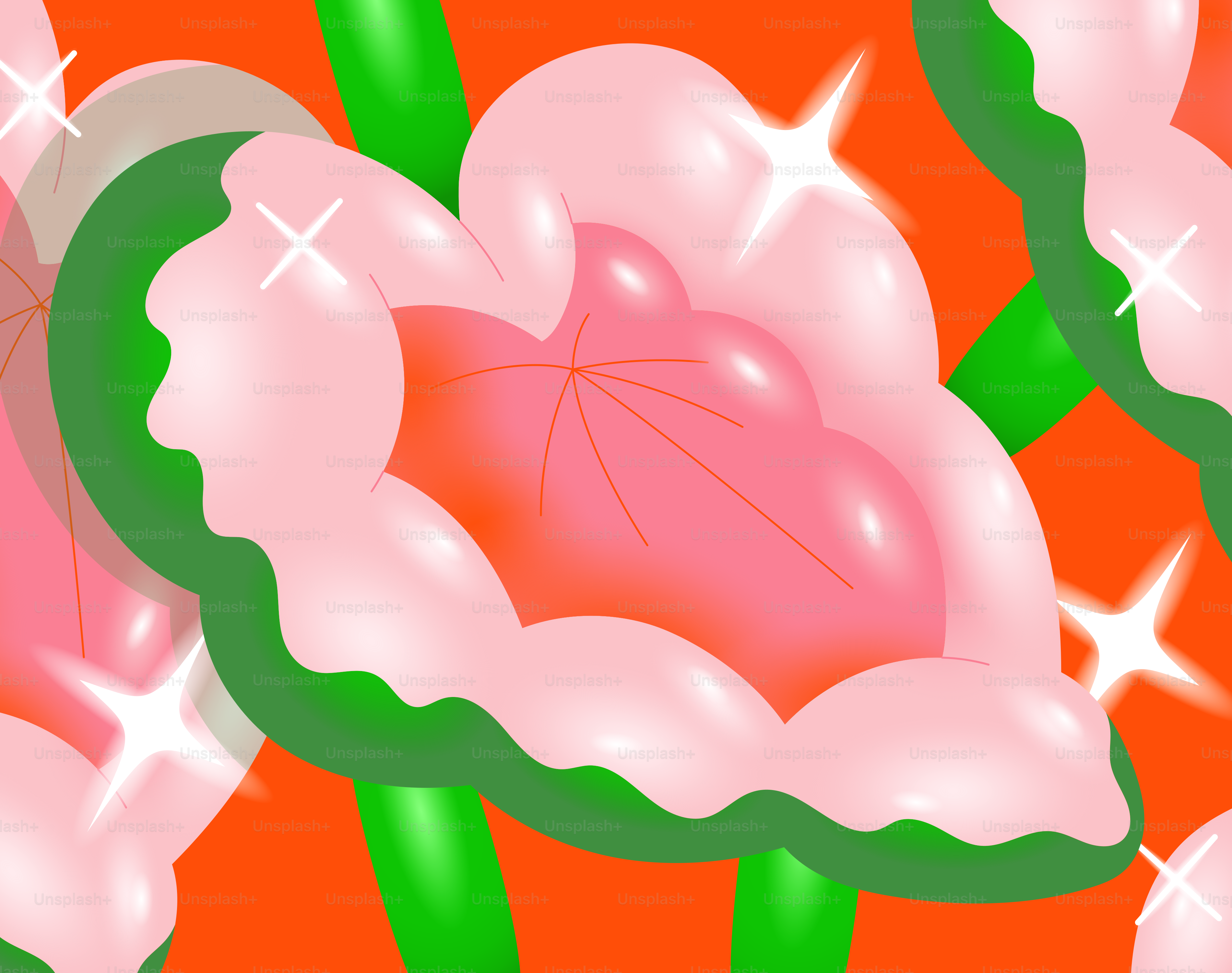 A pink flower with green stems on an orange background