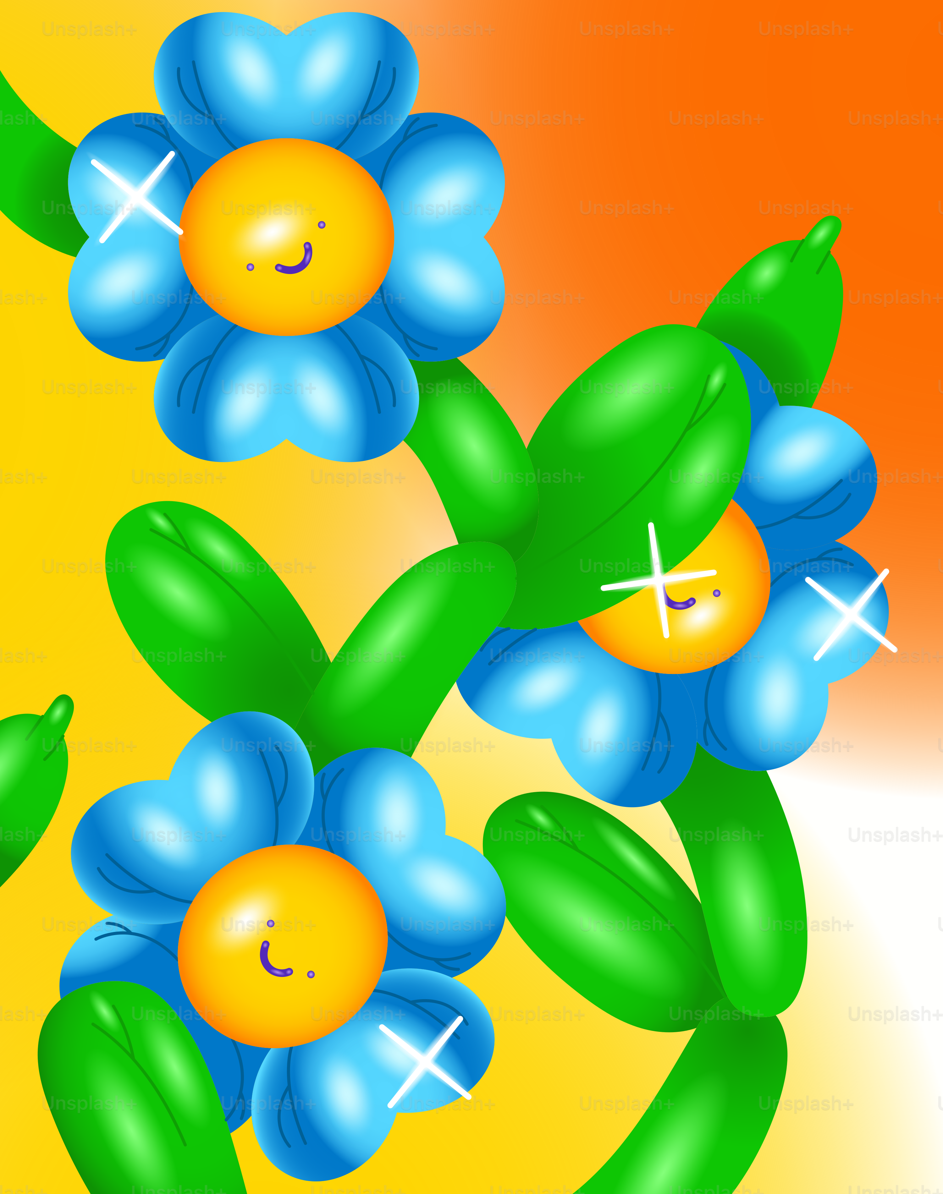Un ramo de flores azules sobre un fondo amarillo y naranja