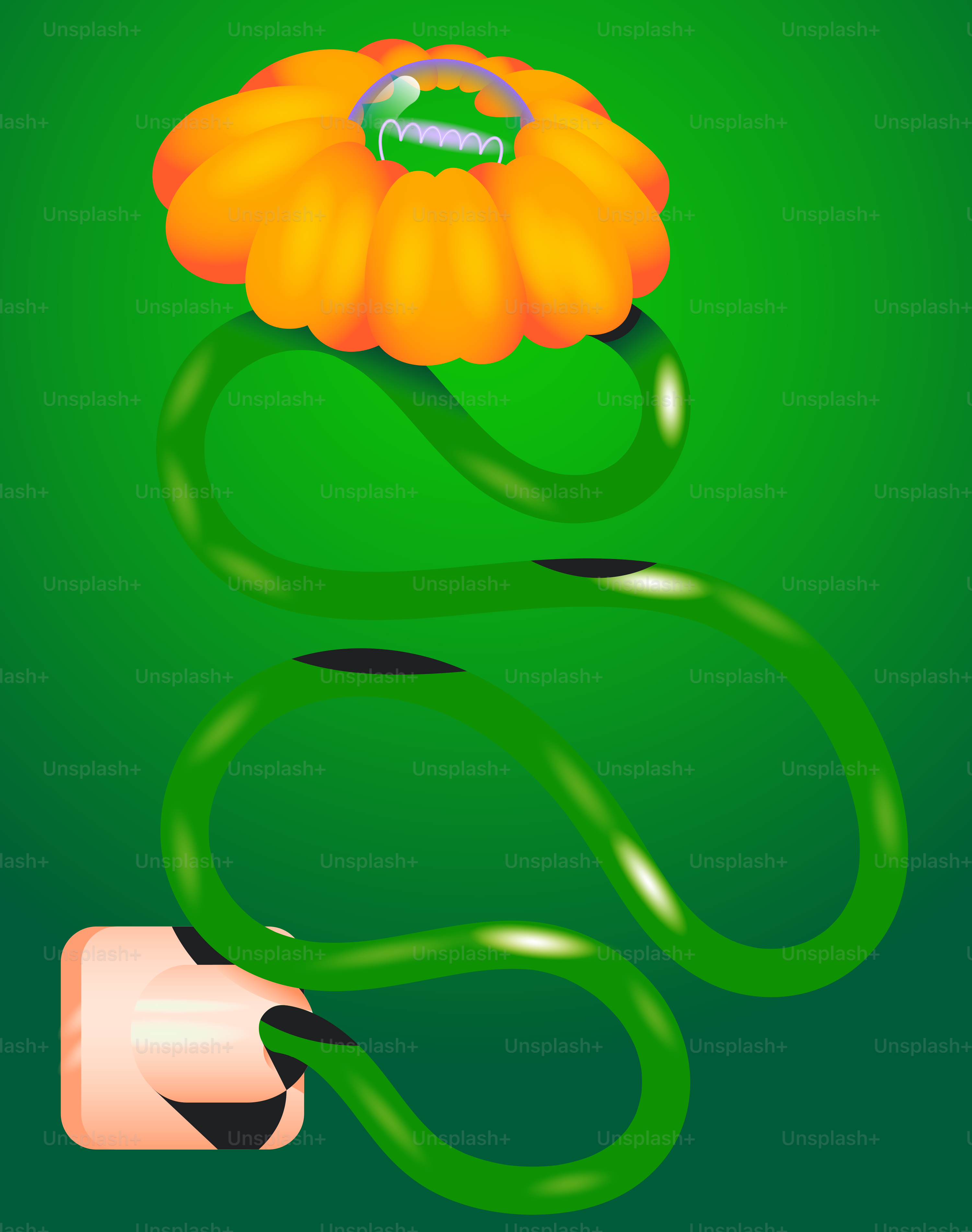 Una mano sostiene una flor con un fondo verde