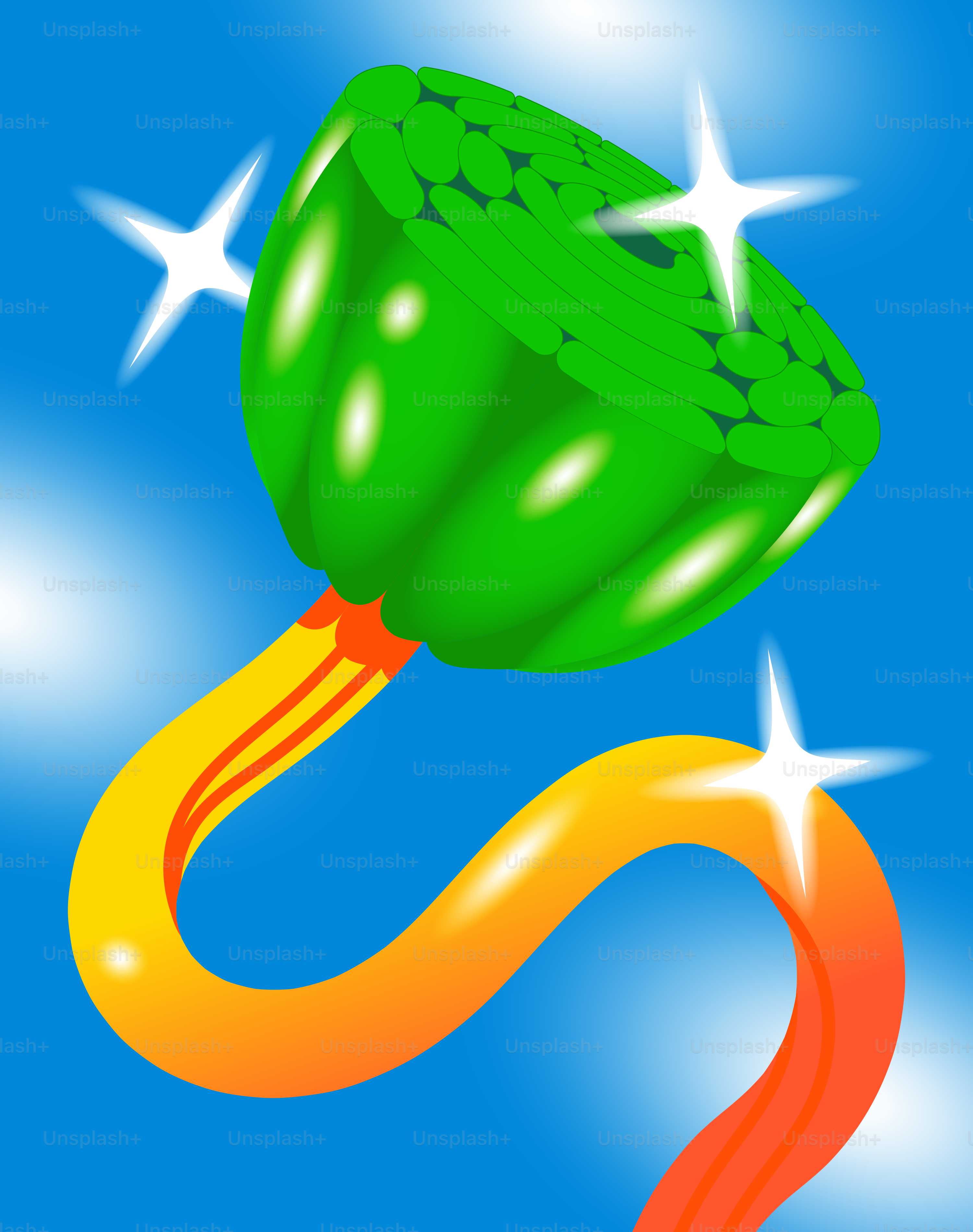 Ein grün-gelber Drachen, der durch den blauen Himmel fliegt