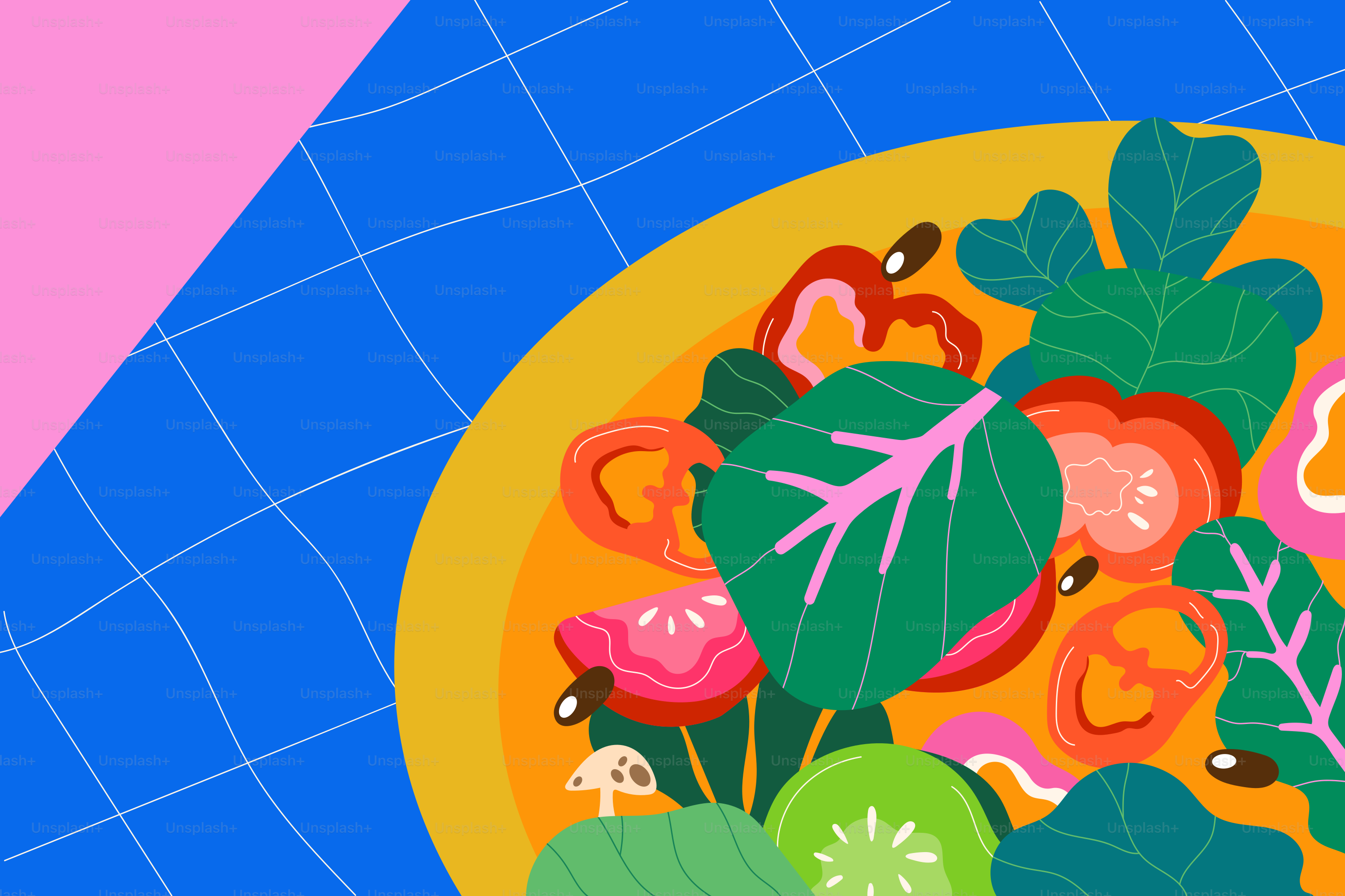 Ein bunter Teller mit Obst und Gemüse auf blauem und rosa Hintergrund