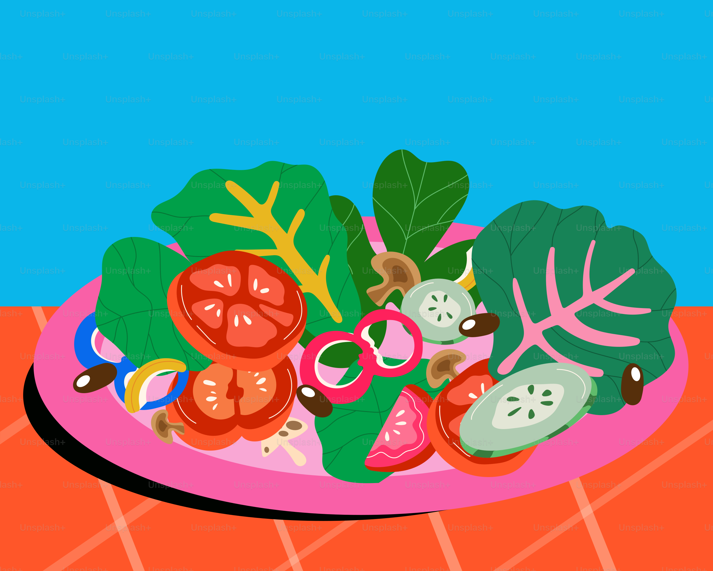 Un piatto di verdure su un tavolo con uno sfondo blu