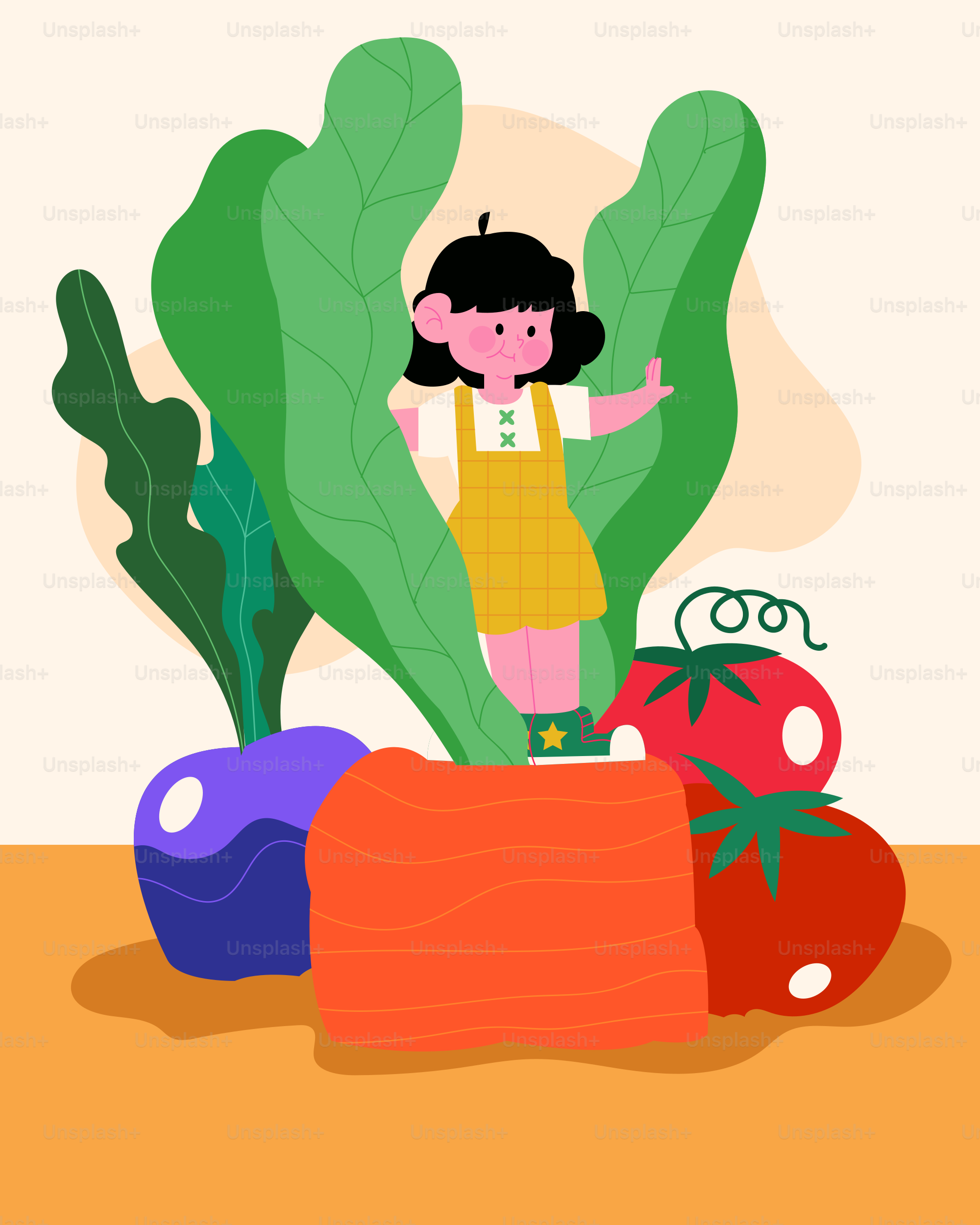 Ein Mädchen, das auf einem Gemüsehaufen steht