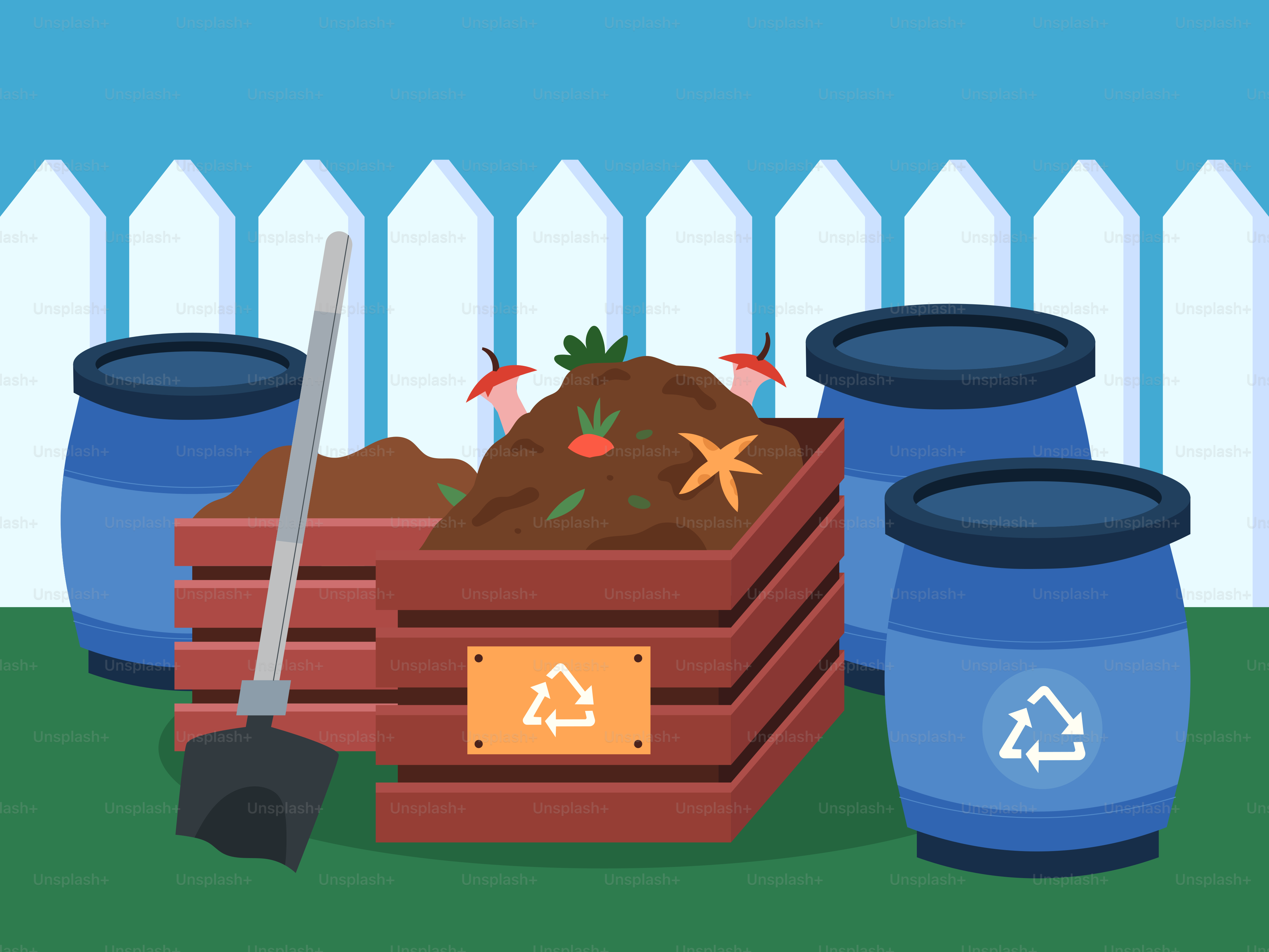 A pile of dirt sitting next to blue barrels