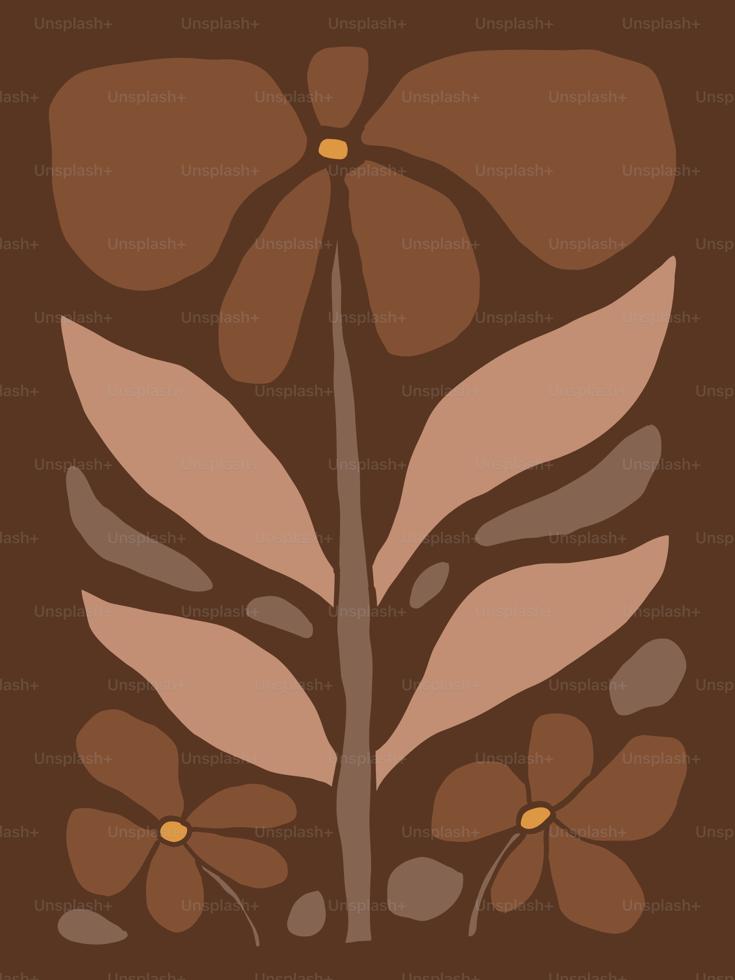 갈색 배경에 잎이 있는 꽃 그림